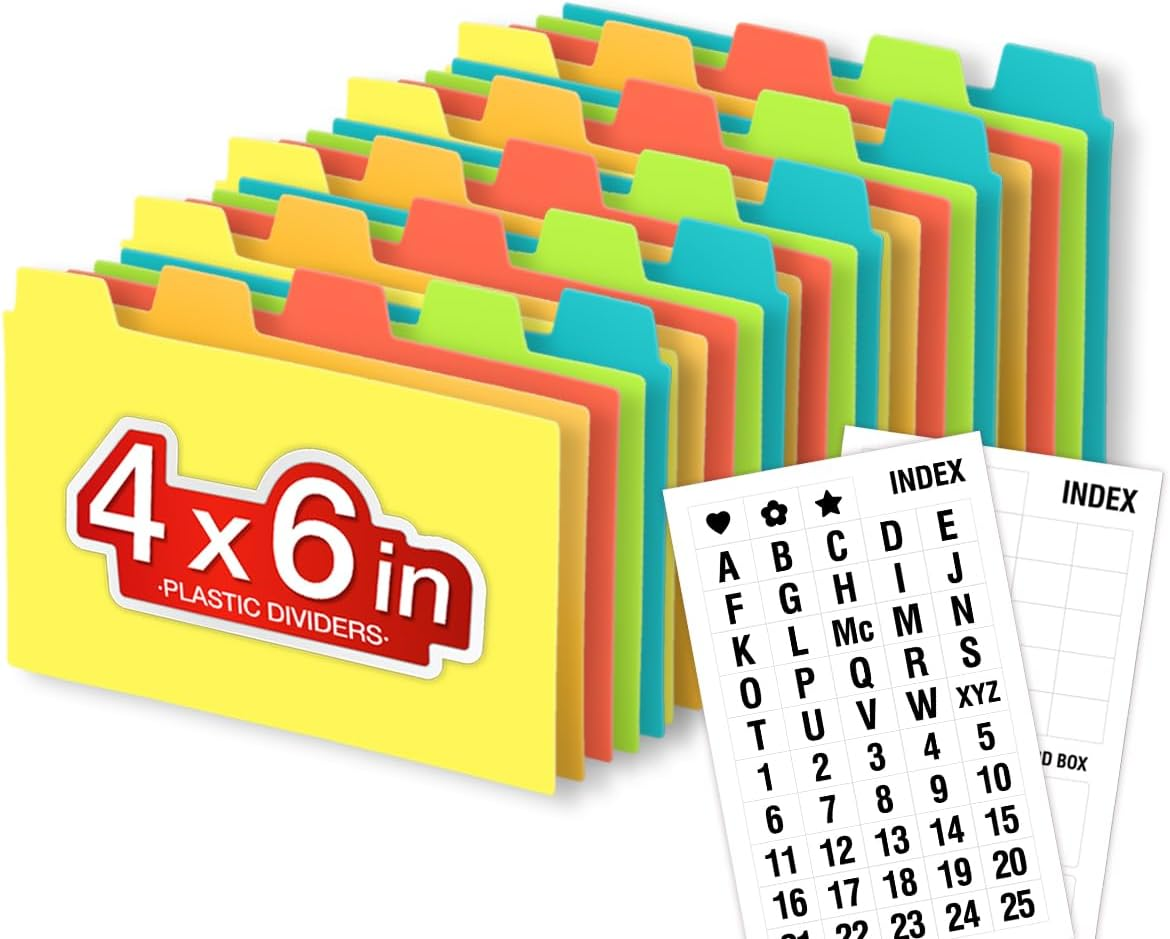 4x6 Plastic Index Card Dividers, Heavyweight Poly Index Card Guides A-Z for Flash Cards and Recipe Cards, with Alphabetical/Blank Stickers, Pack of 25
