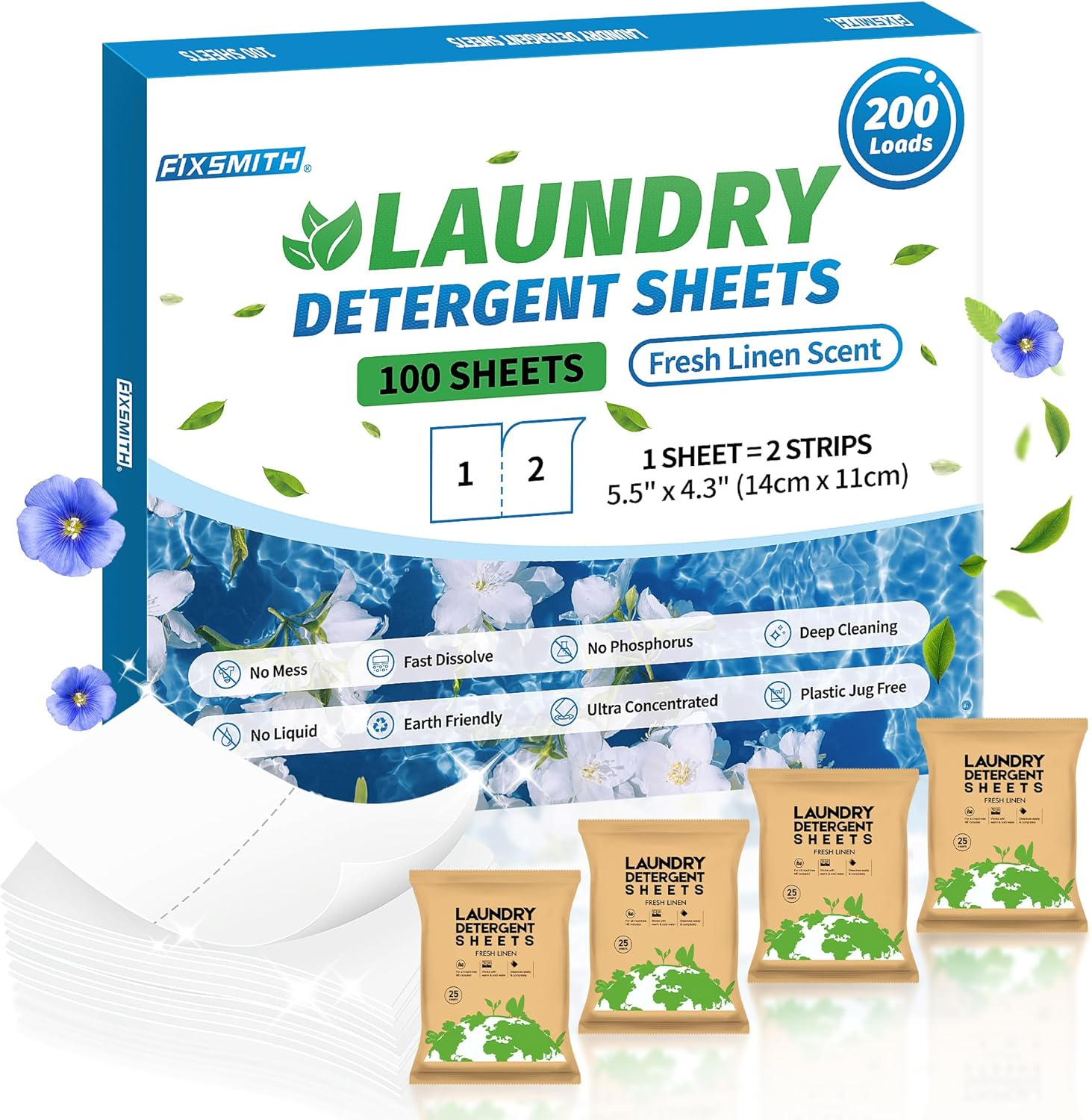 FIXSMITH Laundry Detergent Sheets - 200 Loads (100 Sheets) Fresh Linen Scent - Hypoallergenic,Eco Friendly Laundry Detergent Strips Ultra-Concentrated Travel Detergent Sheets.Plastic-Free,Liquidless