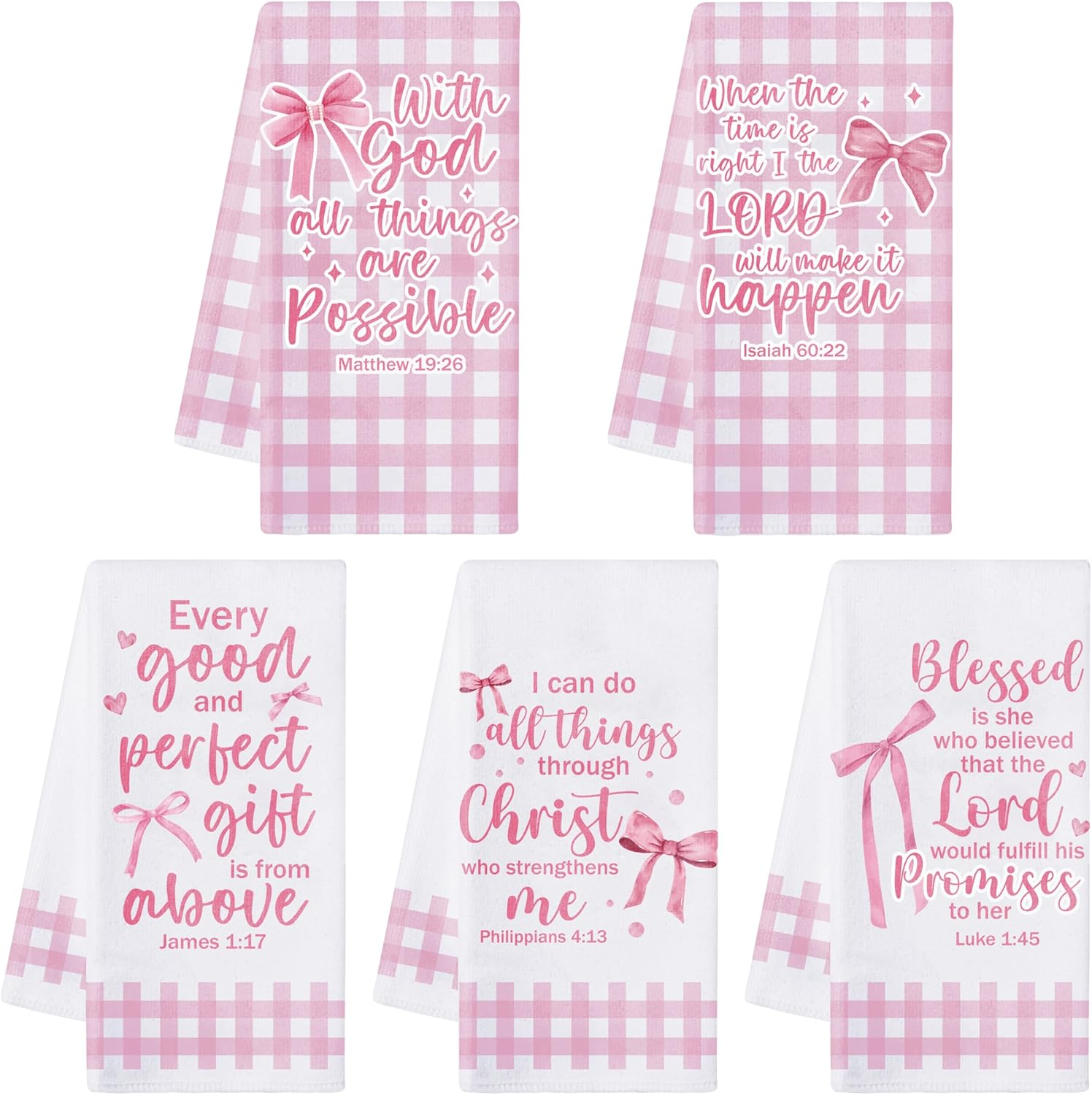 Coquette Pink Bow Kitchen Dish Towels - 5Pcs Bible Verse Bow Absorbent Hand Towels, Religious Christian Pink Kitchen Dishcloths for Women Girls Bathroom Housewarming Religious Gifts Home Decor