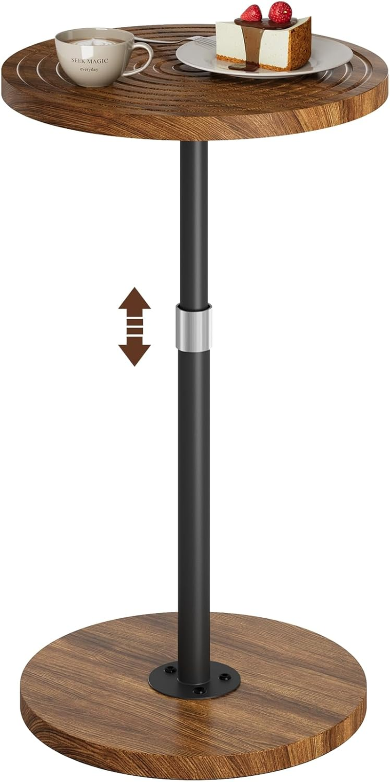 Round Small Side Table, Adjustable-Height Drink Table, Pedestal Martini Stand, Weighted Base Cocktail Table Accent Nightstand for Living Room, Bedroom, Bathroom, Office, Walnut