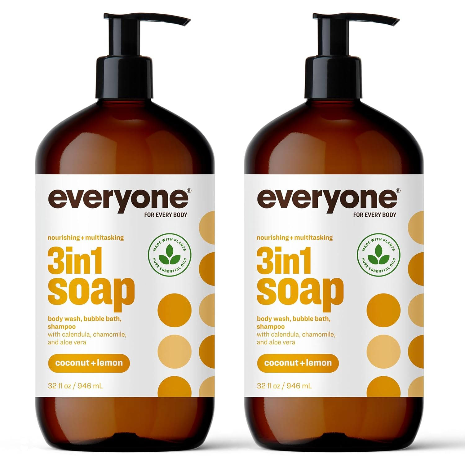 3-In-1 Soap, Body Wash, Bubble Bath, Shampoo, 32 Ounce (Pack of 2), Coconut and Lemon, Made with Essential Oils for Men and Women