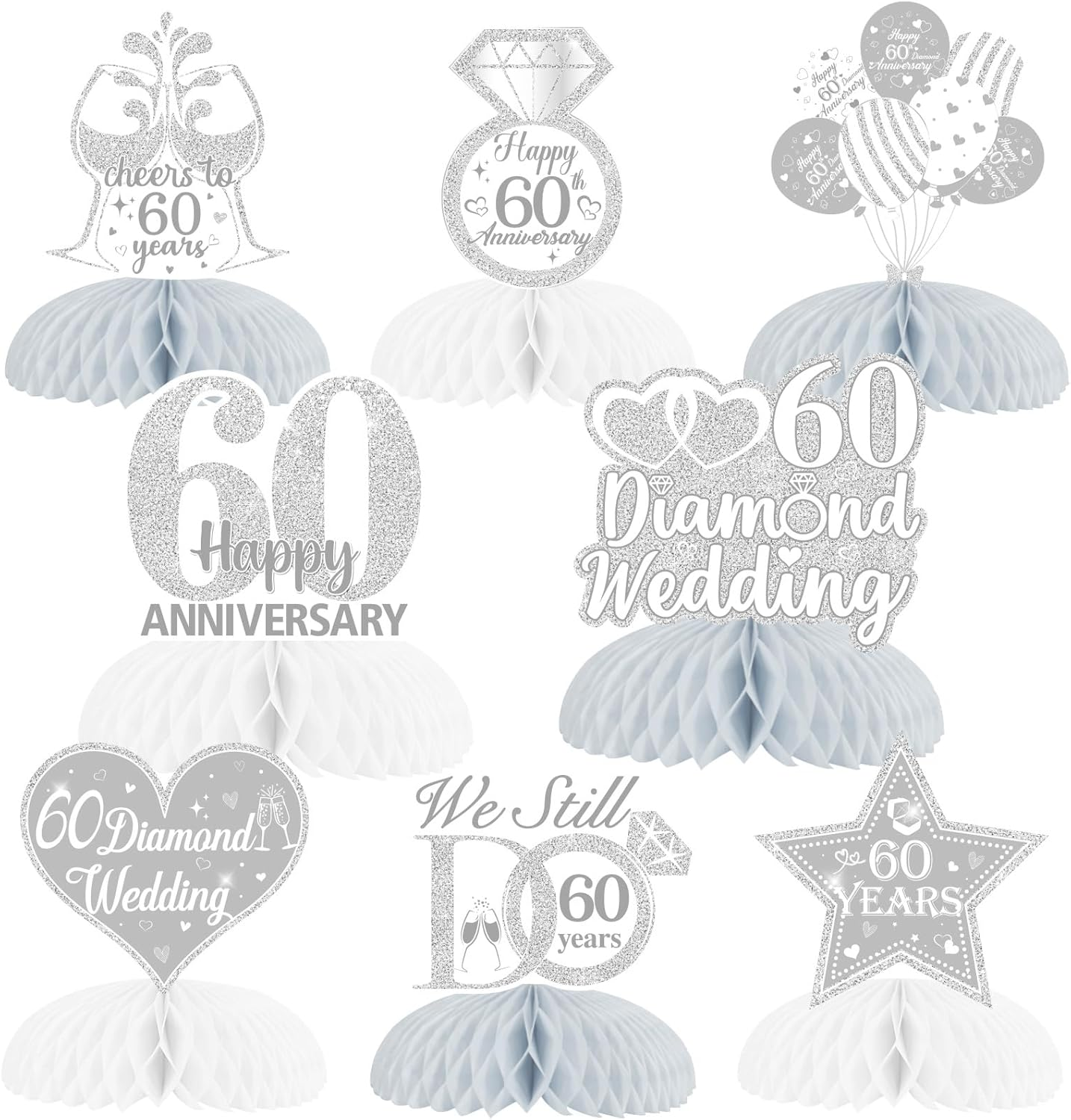 8Pcs Diamond Wedding Anniversary Table Decorations, Honeycomb Centerpieces Table Toppers Cheers to 60Th Wedding Anniversary Honeycomb Table Topper for Happy Anniversary Decorations Romantic