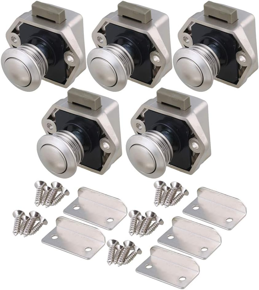 Push Button Keyless Locks Latch Knob Cupboard 2Cm/0.79In Mounting Hole for RV Drawer Cabinet Door Thickness 1.5-1.8Cm Set of 5