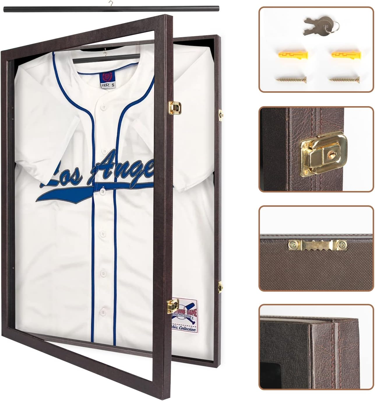 Jersey Display Frame Case Lockable, Large Sport Jersey Shadow Box with PU Covered Frame Acrylic and Hanger for Baseball Basketball Football Soccer Hockey Shirt and Uniform(Brown) – MK358B