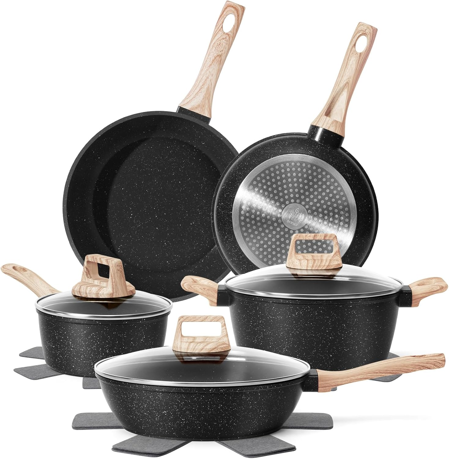 12 Pcs Pots and Pans Set Non Stick, Cookware Sets Black Granite Induction Cookw