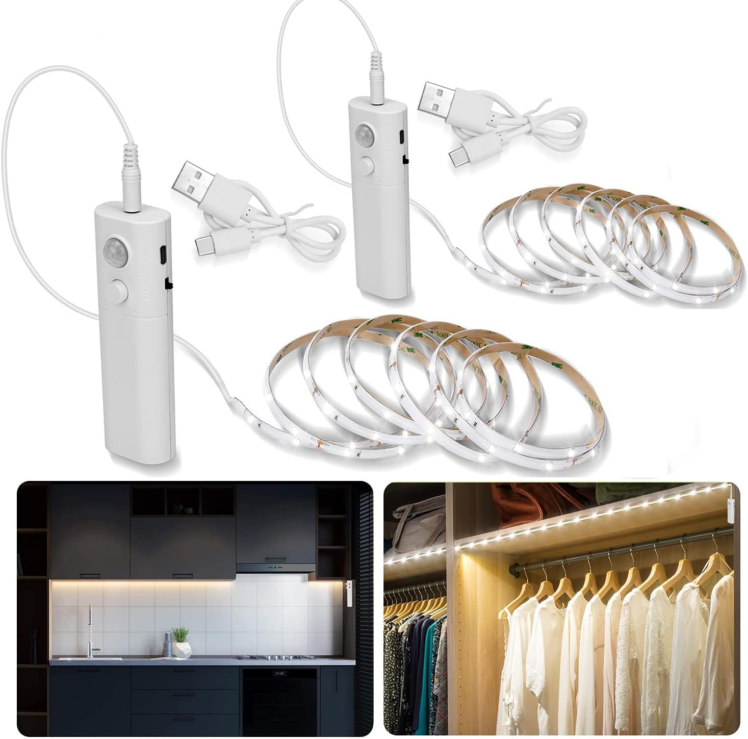 2 Pack Rechargeable LED Strip Lights with Motion Sensor -  2M Cool White LED Closet Light Motion Activated, under Cabinet Strip Light