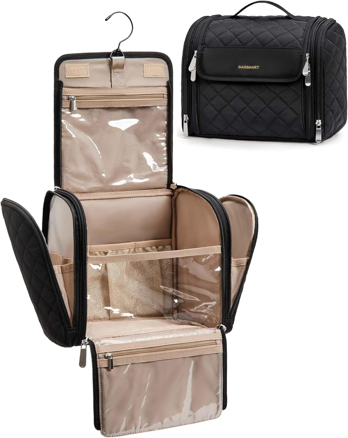 Makeup Bag for Women with Hanging Hook - Portable Cosmetic Case, Large Capacity Door Room Essentials Travel Organizer for Full Sized Cosmetics and Toiletries, Black