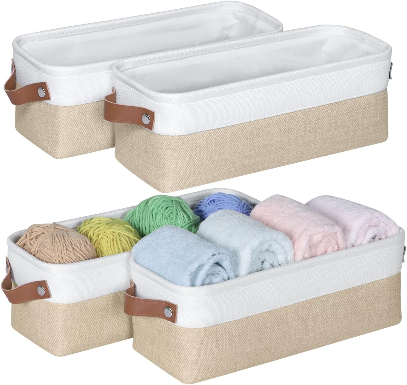 Small Fabric Storage Bins, 15X6X5 Inch Narrow Storage Baskets 4-Pack Long Storage Basket for Organizing with Handles, Decorative Basket for Closets, Shelves, Toilet Paper, Beige
