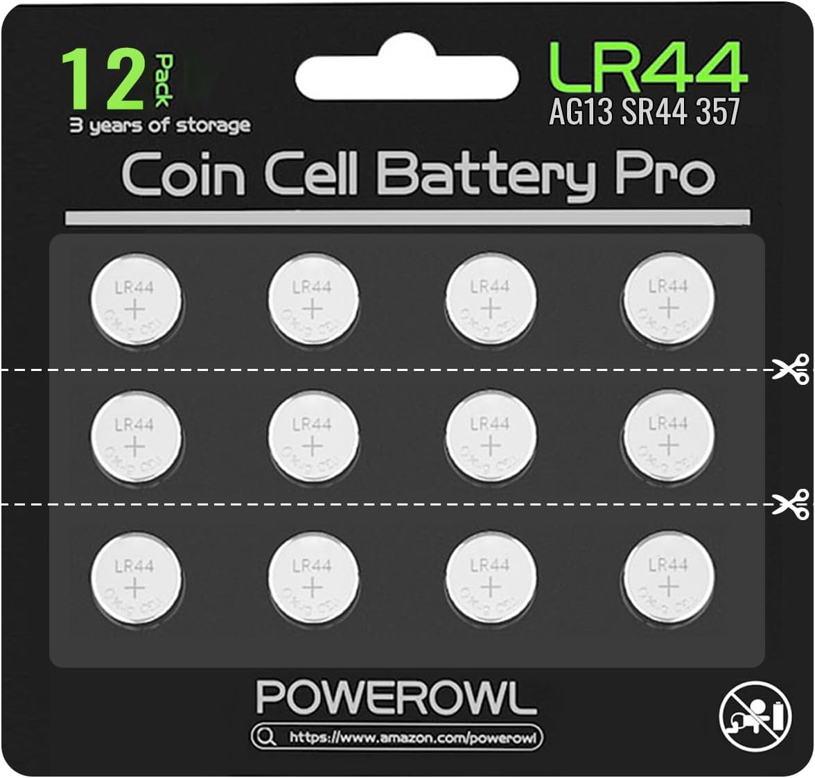 POWEROWL High Capacity L1154F LR44 Batteries 12 Pack, AG13 357 303 SR44 A76 Premium Alkaline Battery 1.5V Button Coin Cell Batteries