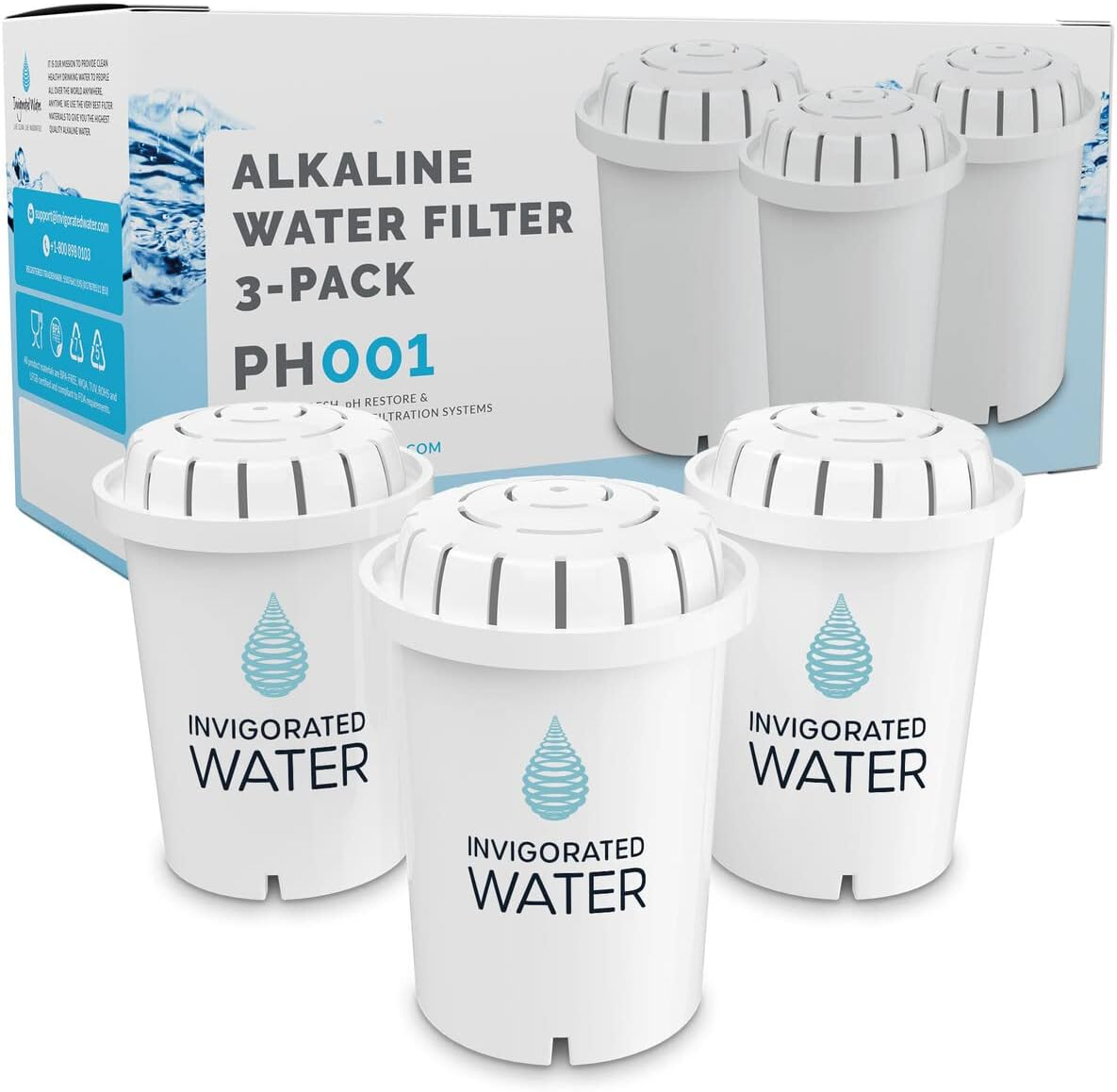 Invigorated Water PH001 - White Alkaline Water Filter – Replacement Filters for All Pitcher & Dispenser Filtration Systems – Bpa-Free, Removes Chlorine, Heavy Metals – 96 Gallons/Filter (3-Pack)