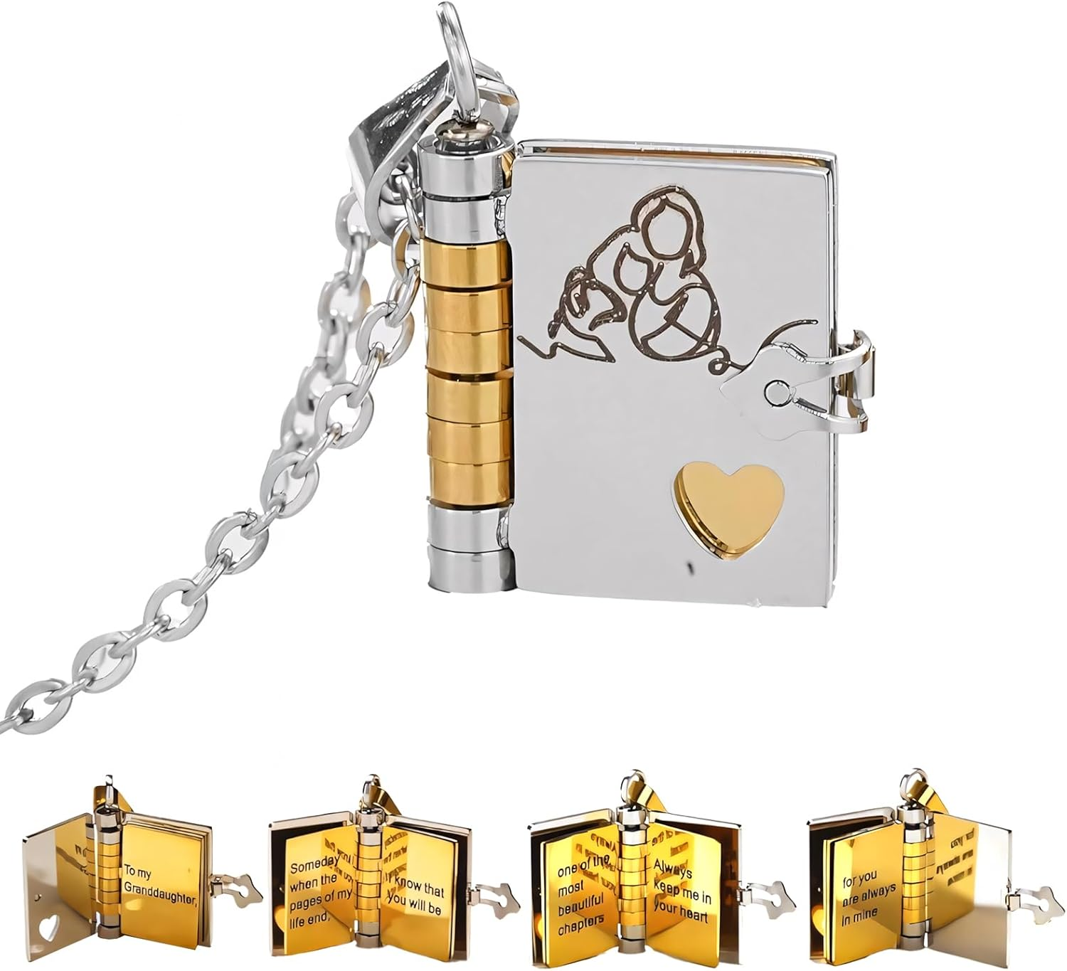 Granddaughter Book Necklace with 6 Pages Engraved Information，Granddaughter Gifts from Grandma
