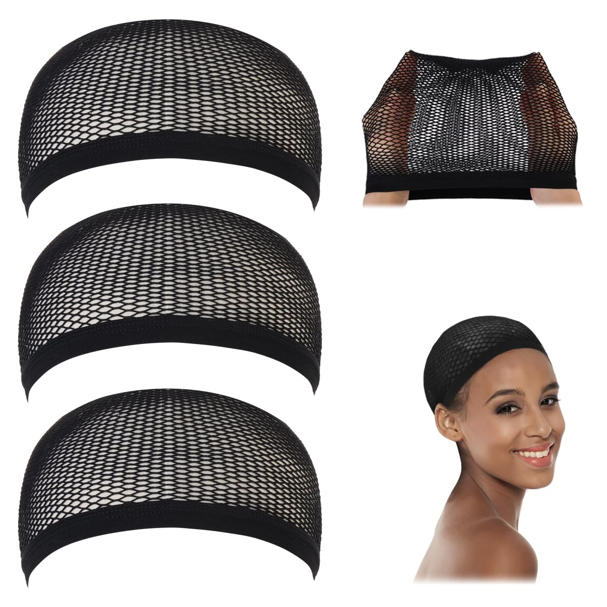 Gorro de Malla Negra Capa Redes Para Cabello Dormir Paquete de 3 Piezas Ajustable