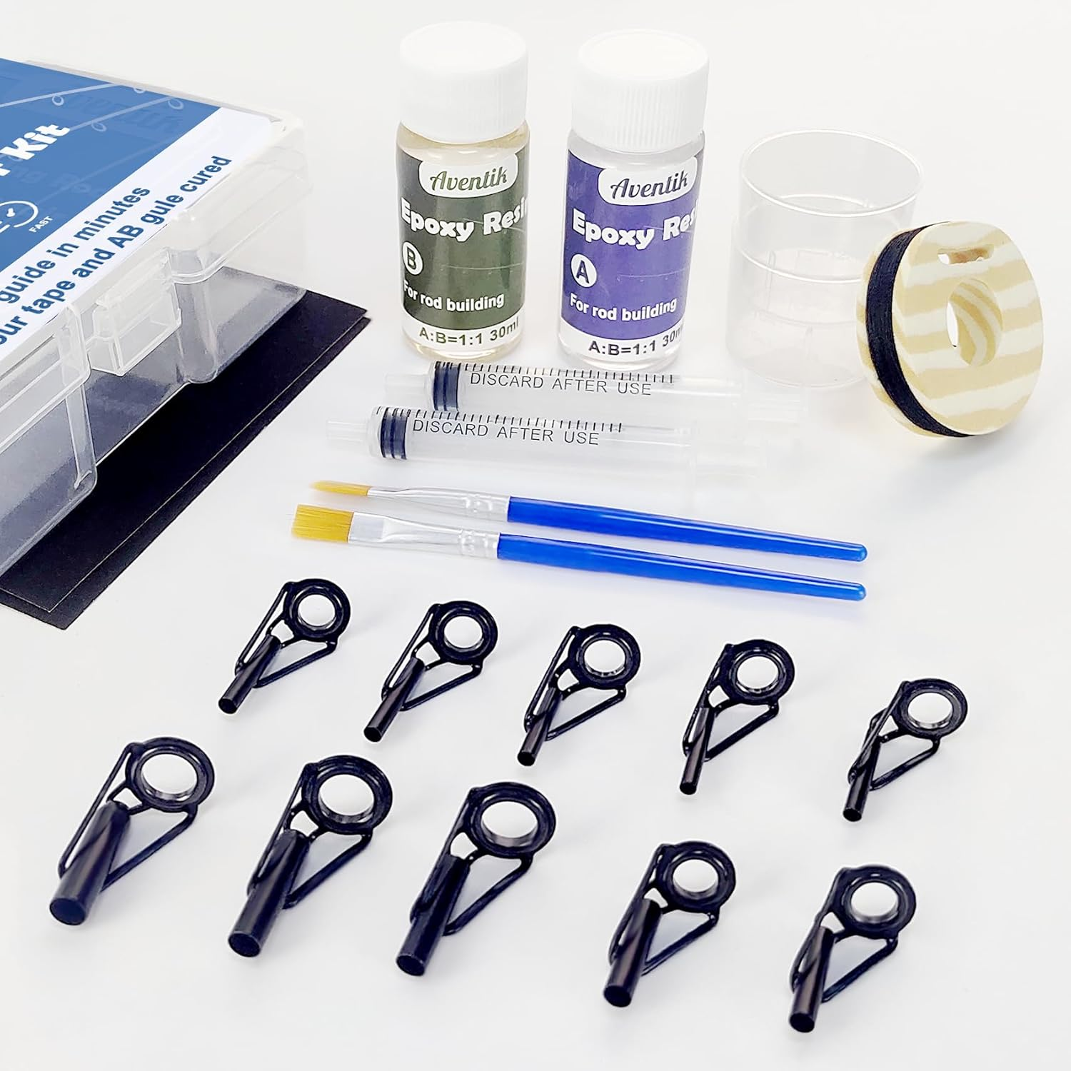 Aventik Fishing Rod Tip Repair Kit Complete with Rod Building Supplies, Glue, Wrapping Thread, Tips Top Eyelet Replacements for Fishing Pole Repair Kit