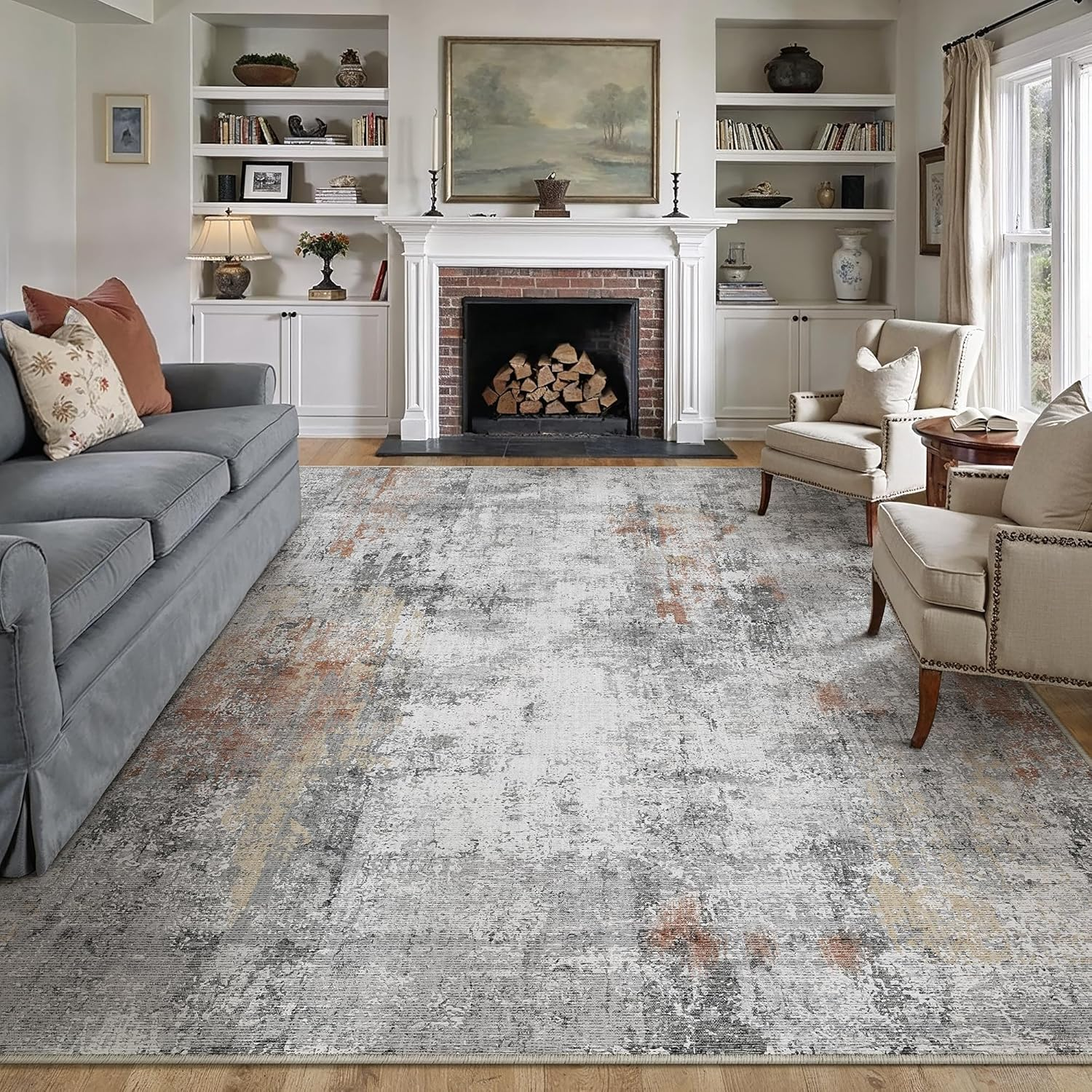 8X10 Washable Area Rug Rust Grey Abstract Non Slip Soft Low Pile Rug for Living Room Bedroom Dining Room Office Neutral Modern Indoor Throw Carpet for Home Decor