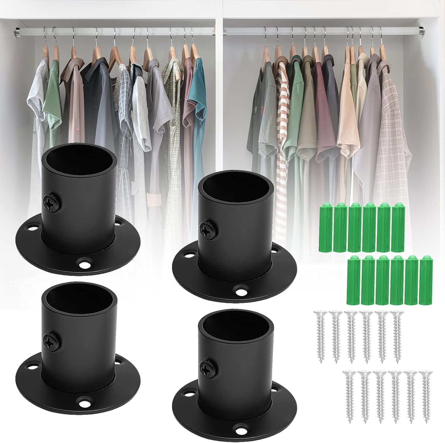 4PCS Closet Pole Socket Set Wardrobe Rod Bracket, 1 Inch Curtain Rod Support Bracket Black Closet Rod Holder, Stainless Steel Closet Flange Heavy Duty Closet Rod End Supports (O Shaped)