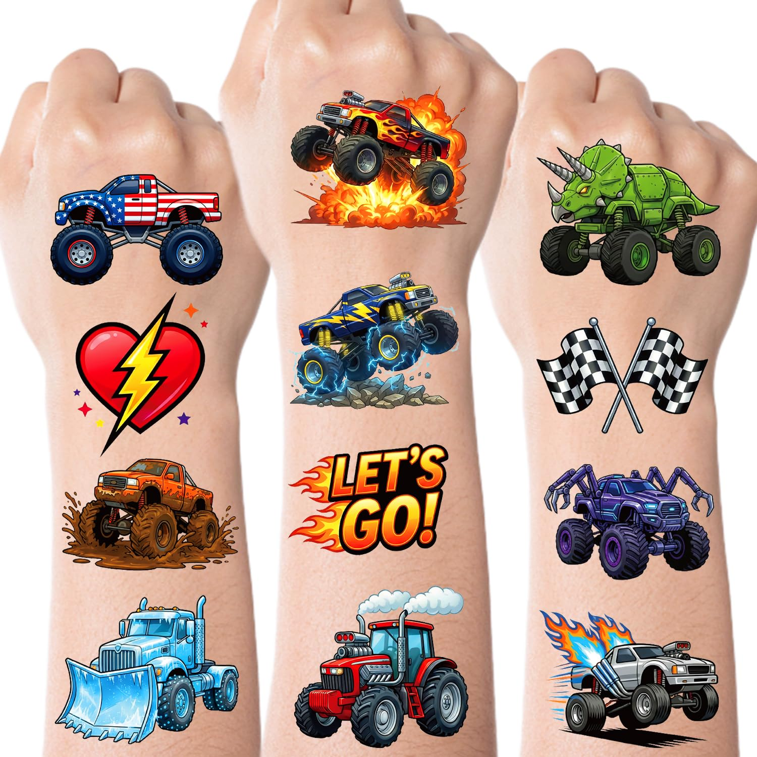 Monster Truck Temporary Tattoos for Kids Boys Age 4-7, Pre-Cut Perforated No Scissors Needed, Diggers Construction Car Theme Birthday Party Favors Supplies Decorations Goodie Bag Stuffer