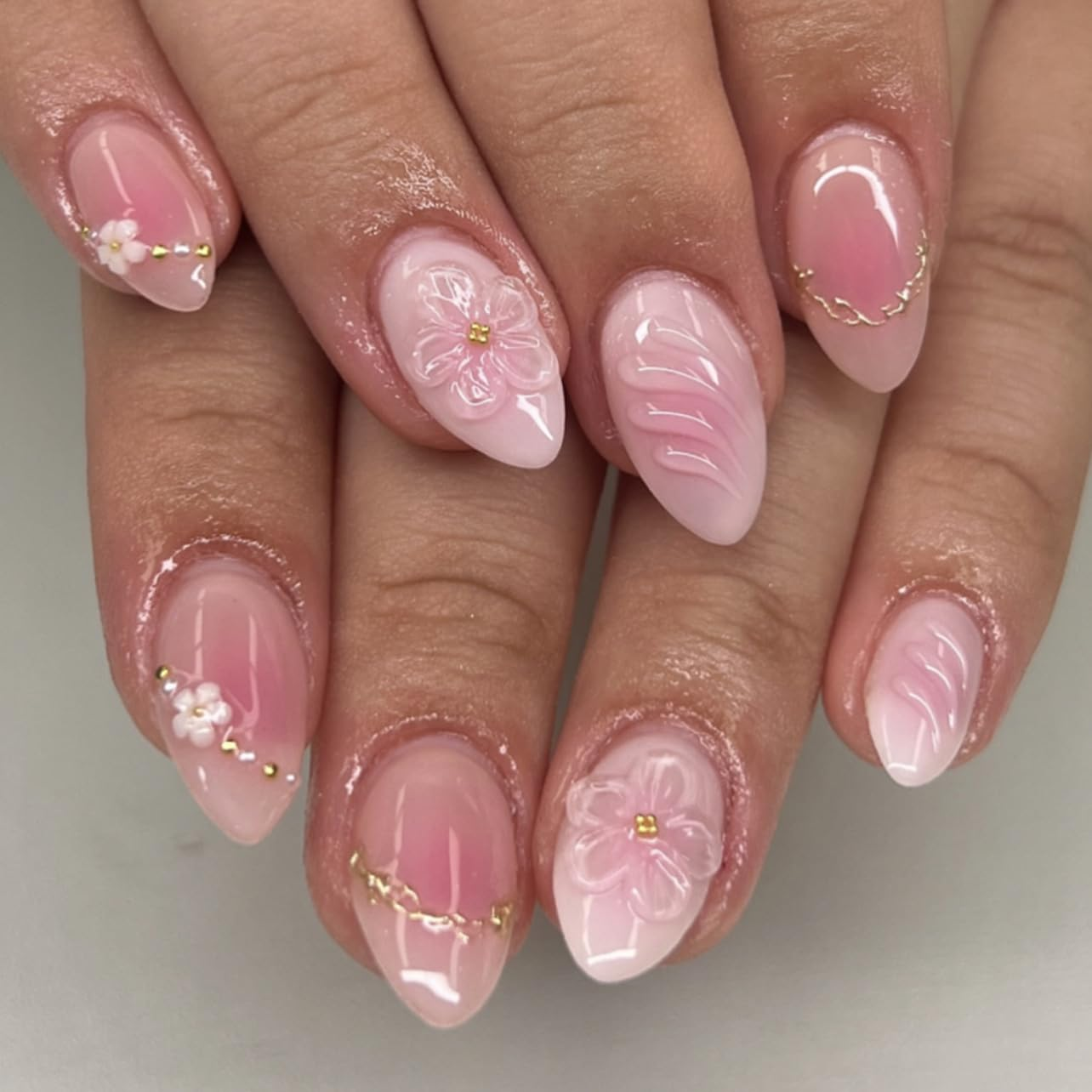 3D Flower Press on Nails Short Almond – Pink White Ombre Gold Line Designs, Acrylic Reusable Fake Nails with Adhesive Tabs Glue, Salon Quality Nail Press Ons - Nail Kit for Women Manicure