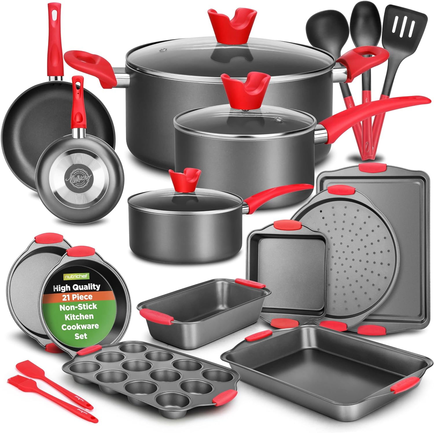 21-Piece Nonstick Cookware Set - Includes Saucepans, Skillets, round & Square Baking Pans, Loaf & Muffin Pans, Pizza Crisper, Cookie Sheet, & Silicone Utensils - Complete Kitchen Set