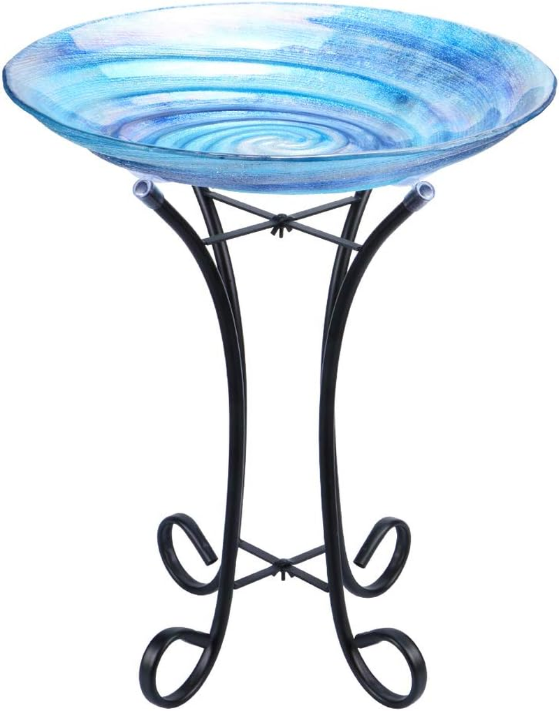 MUMTOP Outdoor Glass Birdbath with Metal Stand for Lawn Yard Garden Decor,18” Dia/21.65 Height