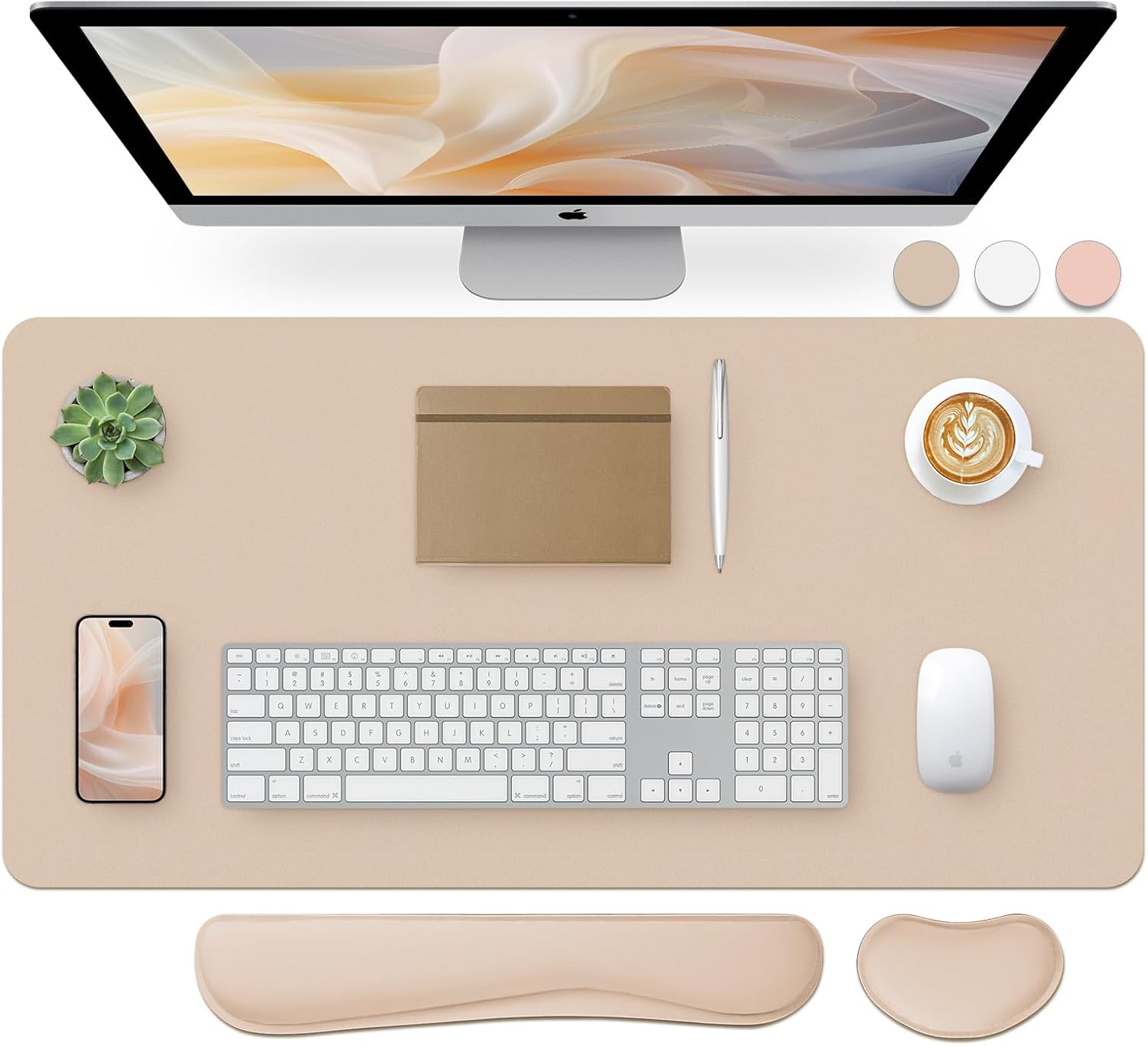 Leather Desk Pad and Keyboard Wrist Rest, Large Mouse Pad + Keyboard Pad+Mouse Wrist Support, Non-Slip Desk Mat Protector for Office, Home(31.5×15.7 Inches,Beige)