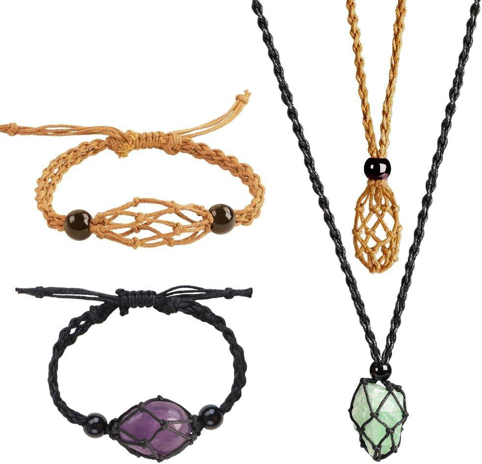 4 PCS Crystal Cage Necklace and Bracelet Cord Holder Empty Stone Holder Replacement Hand-Woven Cord with Adjustable Length（Style 9）