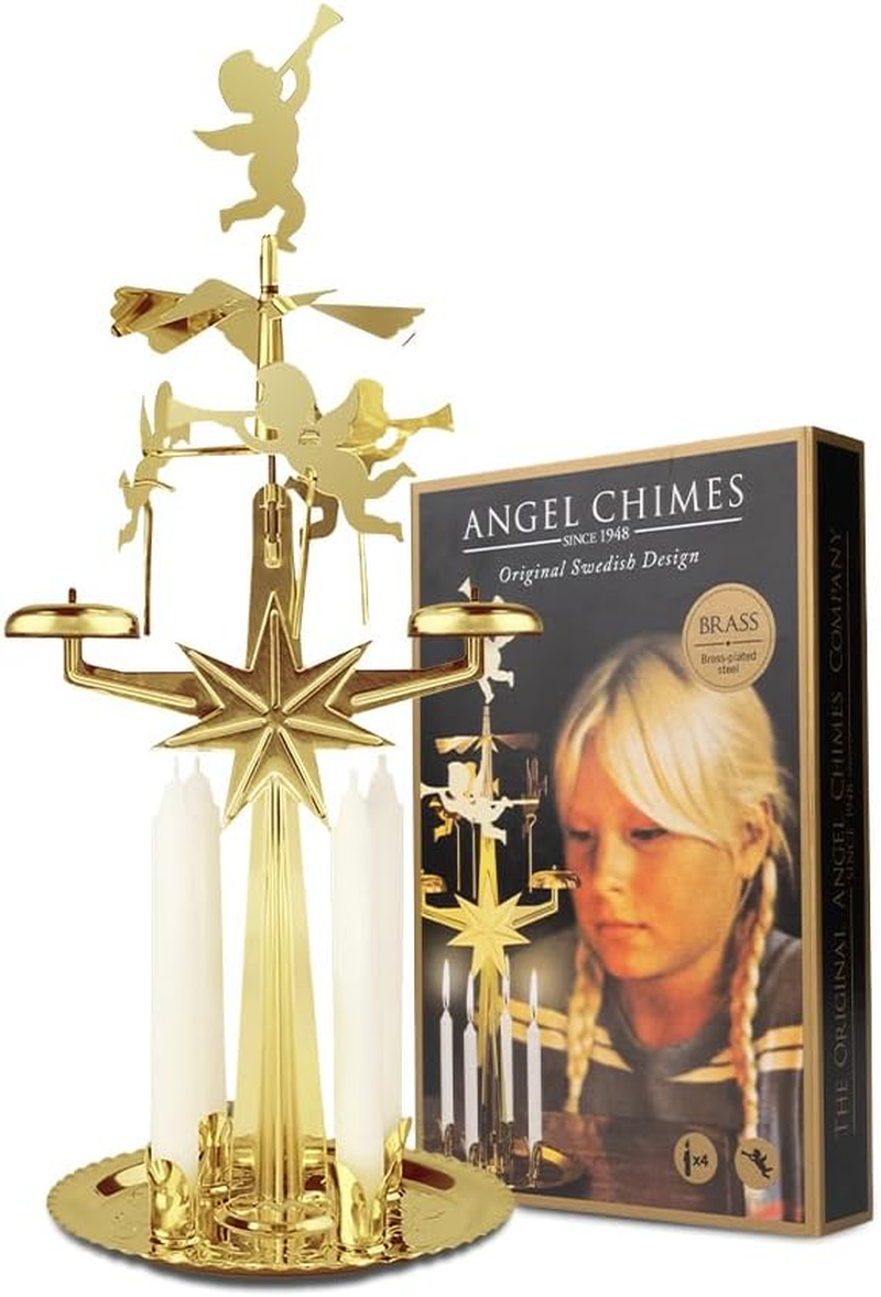 Original Swedish , Carousel and 4 Candles – Scandinavian Spinning Festive Chimes for Christmas, Best Memorial Gift since 1948, Home Decorations - Gold Brass