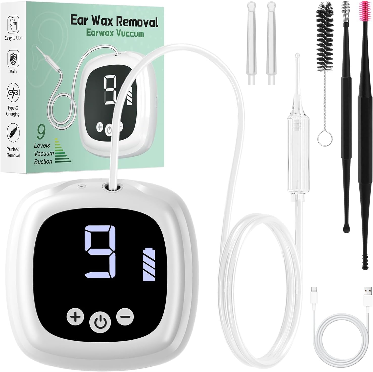 Ear Vacuum Wax Remover, Earwax Removal Kit with 9 Levels Strong Suction, Electric USB Rechargeable Ear Suction Vacuum Tool for Adult and Kids (White)
