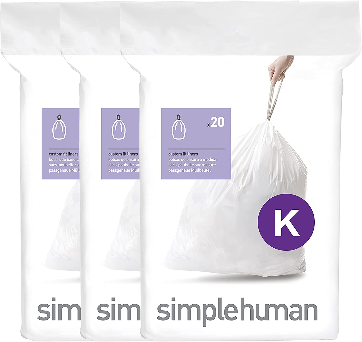 Simplehuman CW0260 Code K Custom Fit Bin Liner Bulk Pack, White Plastic (3 Pack of 20, Total 60 Liners)