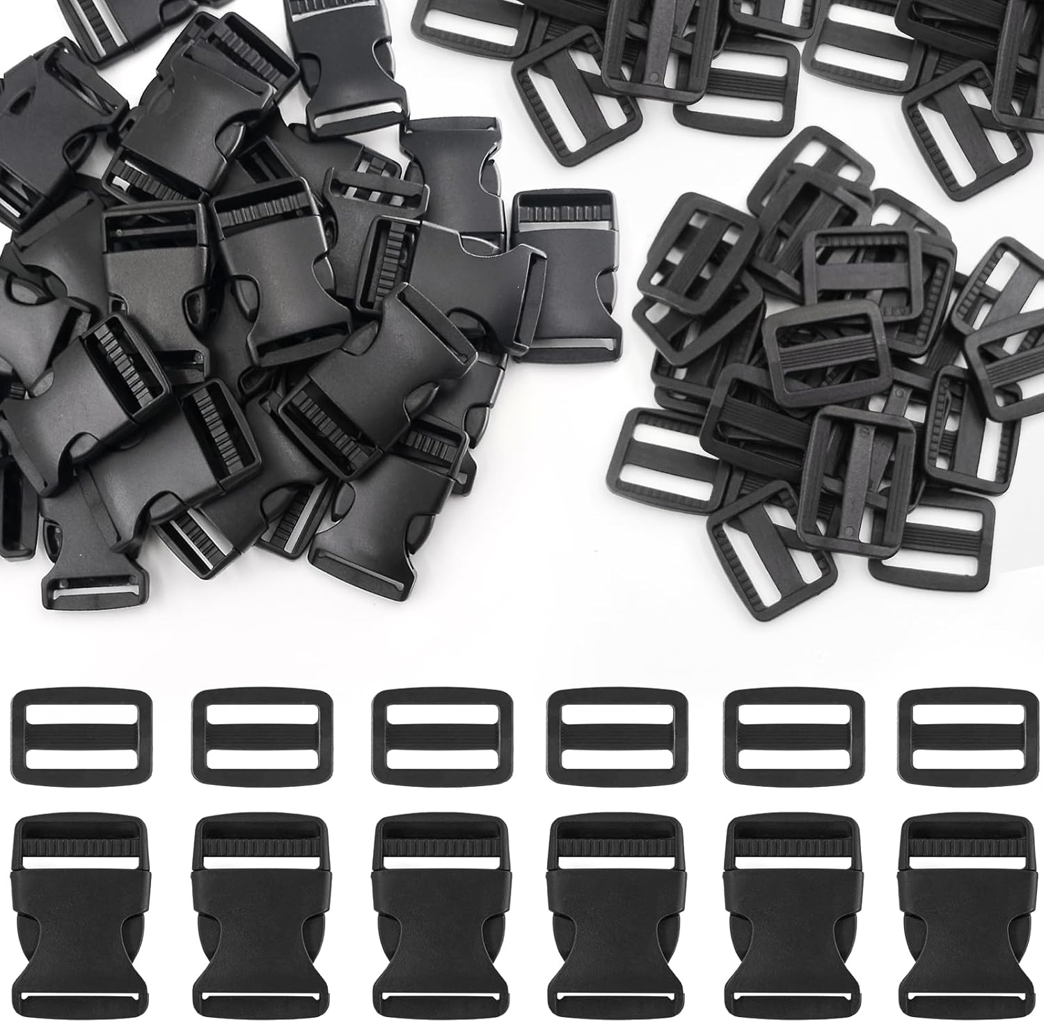 Plastic Buckles, 30 Side Release and 30 Tri-Glide Slide for 1.0 Inch Straps, Belts, Luggage, Pet Collar
