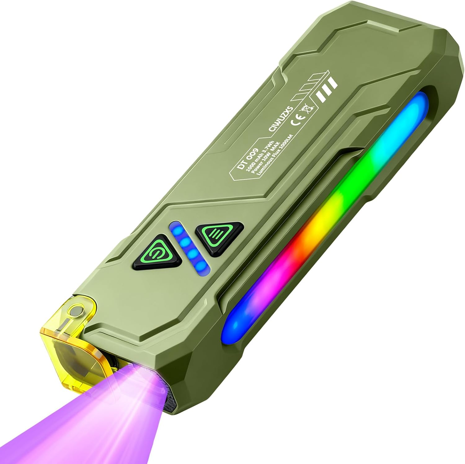 EDC Rechargeable Flat Flashlight 1000 Lumens White LED/UV/RGB Ambient Signaling Flashlights, Magnetic Clip on Pocket Light for Outdoors, Emergency, Working (1, Green, Compact)