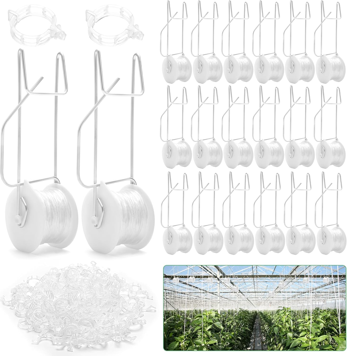 20PCS Tomato Roller Hooks with 50FT String, Plant Climbing Tomato Support Hooks Includes 100 PCS Plant Support Plastic Clips for Climbing Plants, Flowers