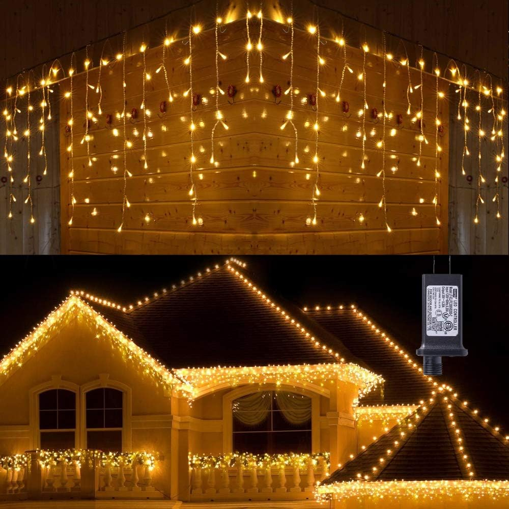 Christmas Icicle Lights Outdoor, 360 LED 29.5Ft 8 Modes Fairy Icicle String Light with 60 Drops, Led Christmas Lights Twinkle for Holiday, Party, Wedding, Eaves, Xmas Decorations (Warm White)