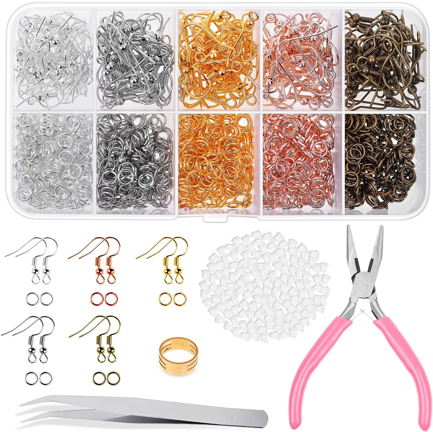 Earring Hooks, Audab 1400Pcs Making Kit with 200Pcs Ear Ring 1000Pcs Jump Rings, Backs and Jewelry Pliers for Supplies Findings