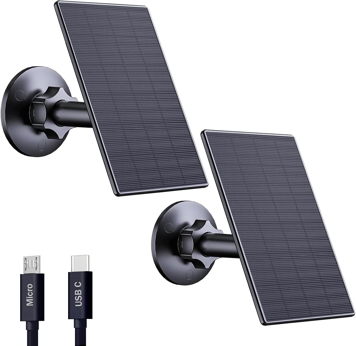 2W Solar Panel for Security Cameras, Solar Charger with Micro USB & USB-C Port for Rechargeable Battery Security Camera, 360° Adjustable Mount, Black (2 Pack)