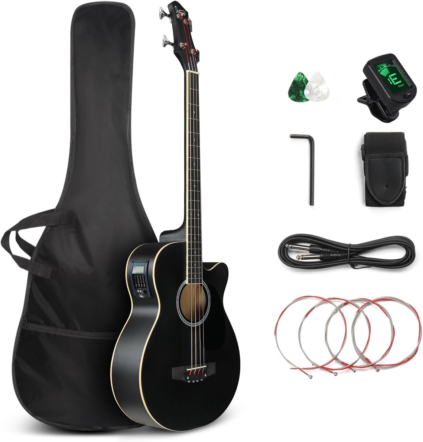 GLARRY Full Size Acoustic Electric Bass Guitar Beginner Kit, Cutaway 4 Strings Electric Acoustic Bass Guitar W/Inbuilt Tuner, Bag, Strap, Picks, Strings, Basswood Bass Guitarra, Matte Black