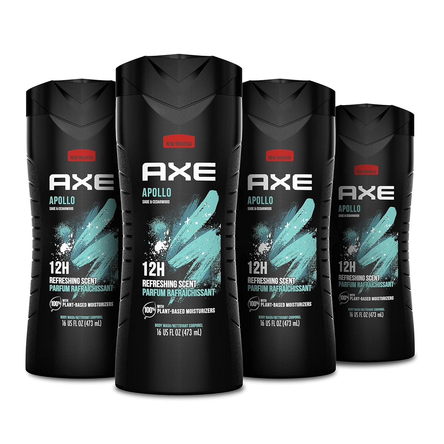 AXE Body Wash Apollo 4 Count for Long Lasting Freshness Sage & Cedarwood Men'S Body Wash with Odor-Busting Prebiotics 16 Oz