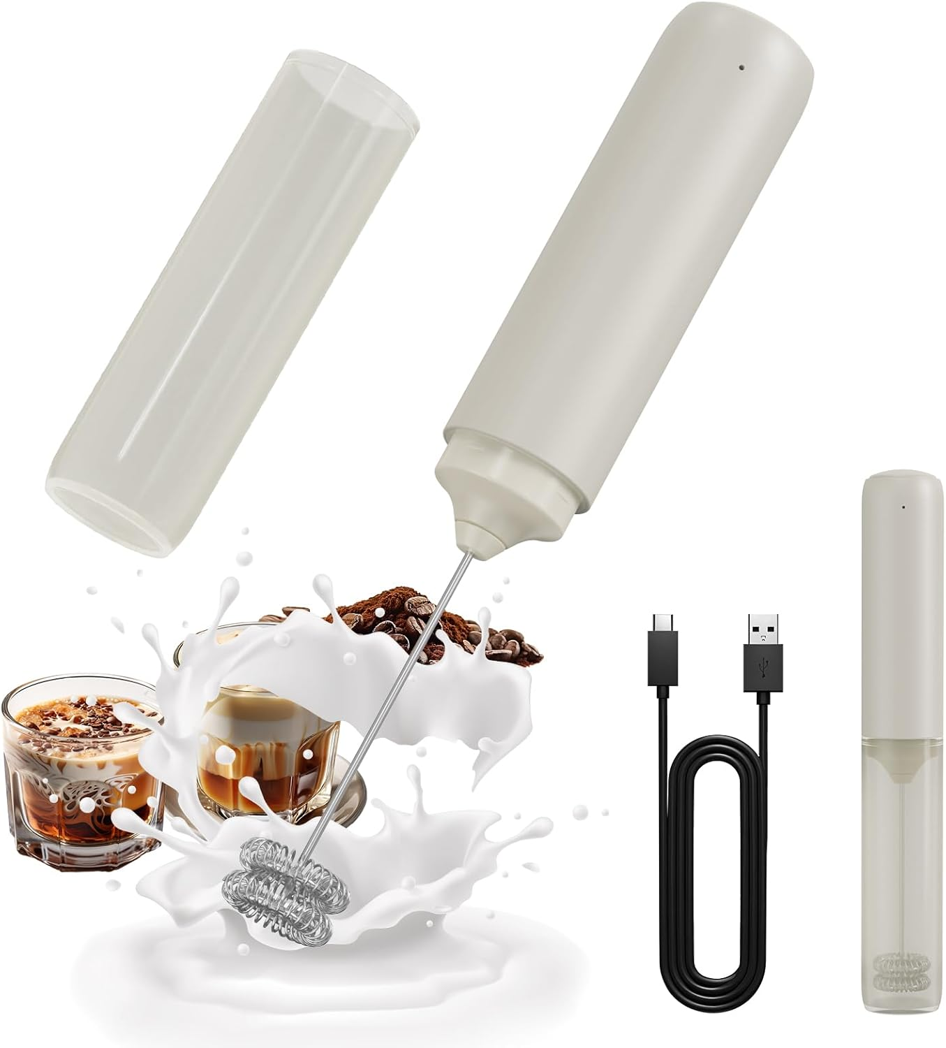 Portable Rechargeable Milk Frother Hanheld, Dual Spring Whisk Electric Coffee Frother Wand Drink Mixer for Matcha Lattes Cappuccino, Kitchen Gifts, Beige
