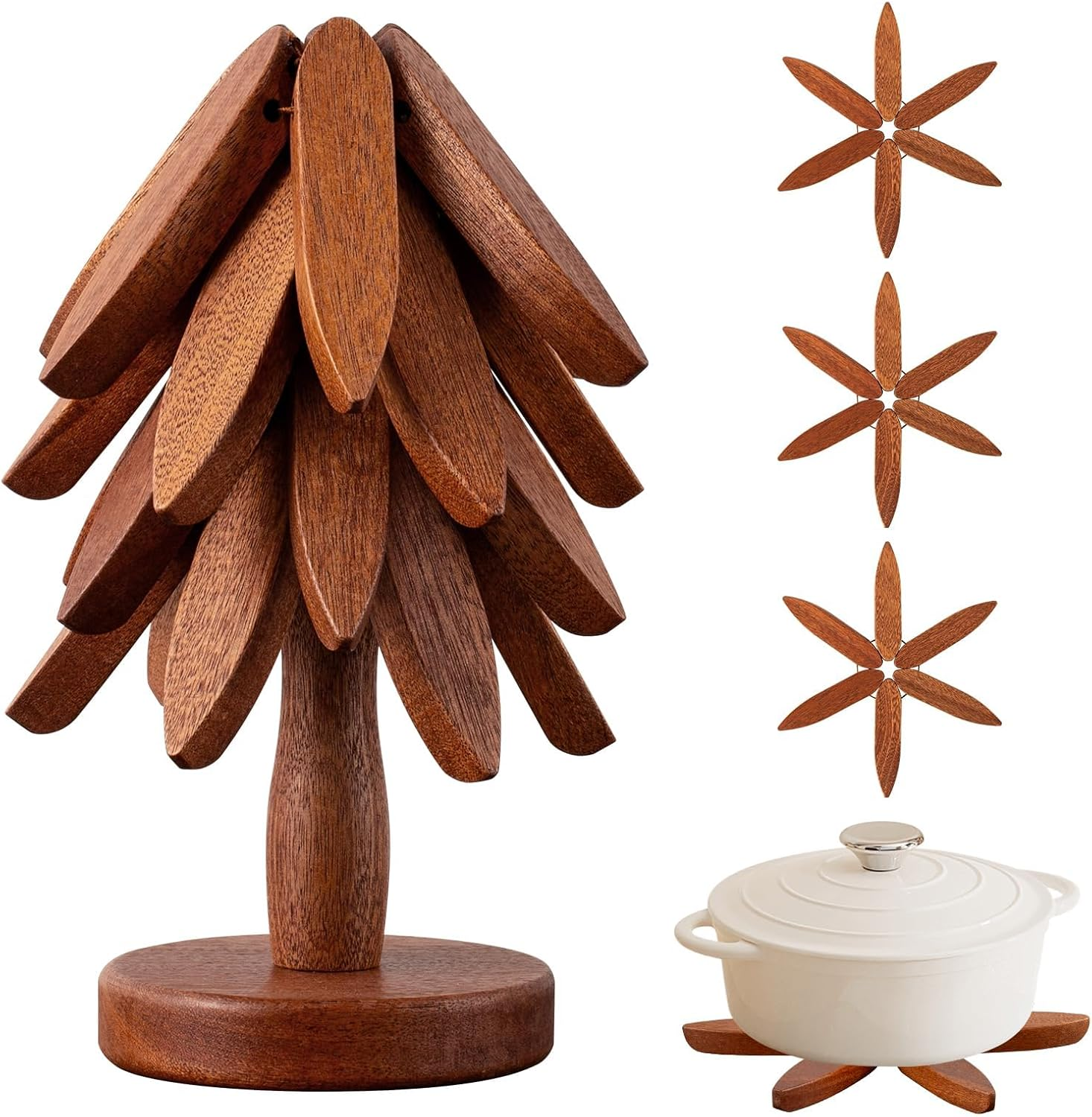 Wooden Trivets for Hot Dishes,Tree Shape Trivet Set,4 Trivets+1 Stand,Natural... - Picture 2 of 14