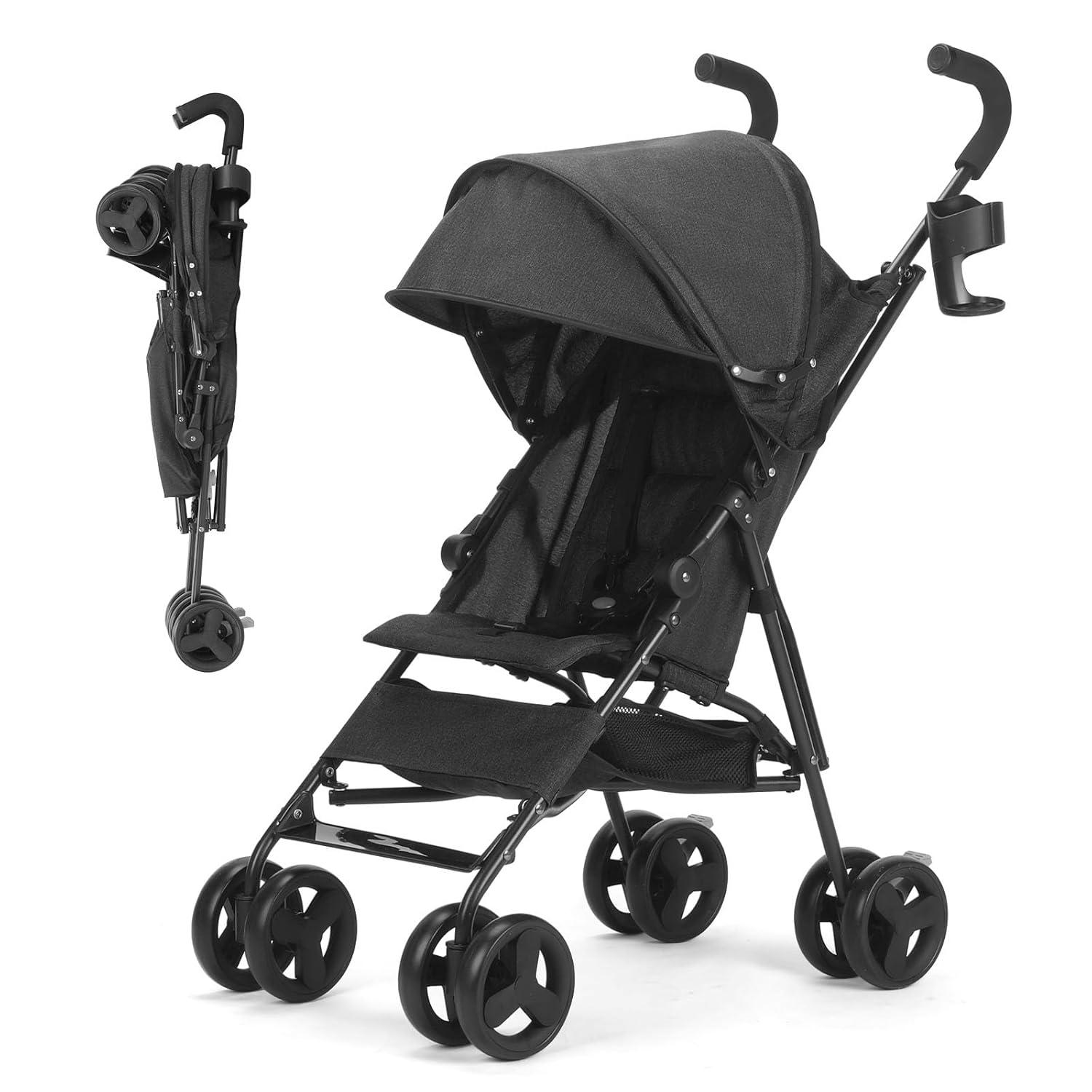 6-36M Baby Stroller, Umbrella Stroller with Foldable Pushchair with Adjustable Canopy, Folding Infant Newborn Pram Stroller with Storage Basket, Cup Holder, Suspension Wheels for Infants (Black)
