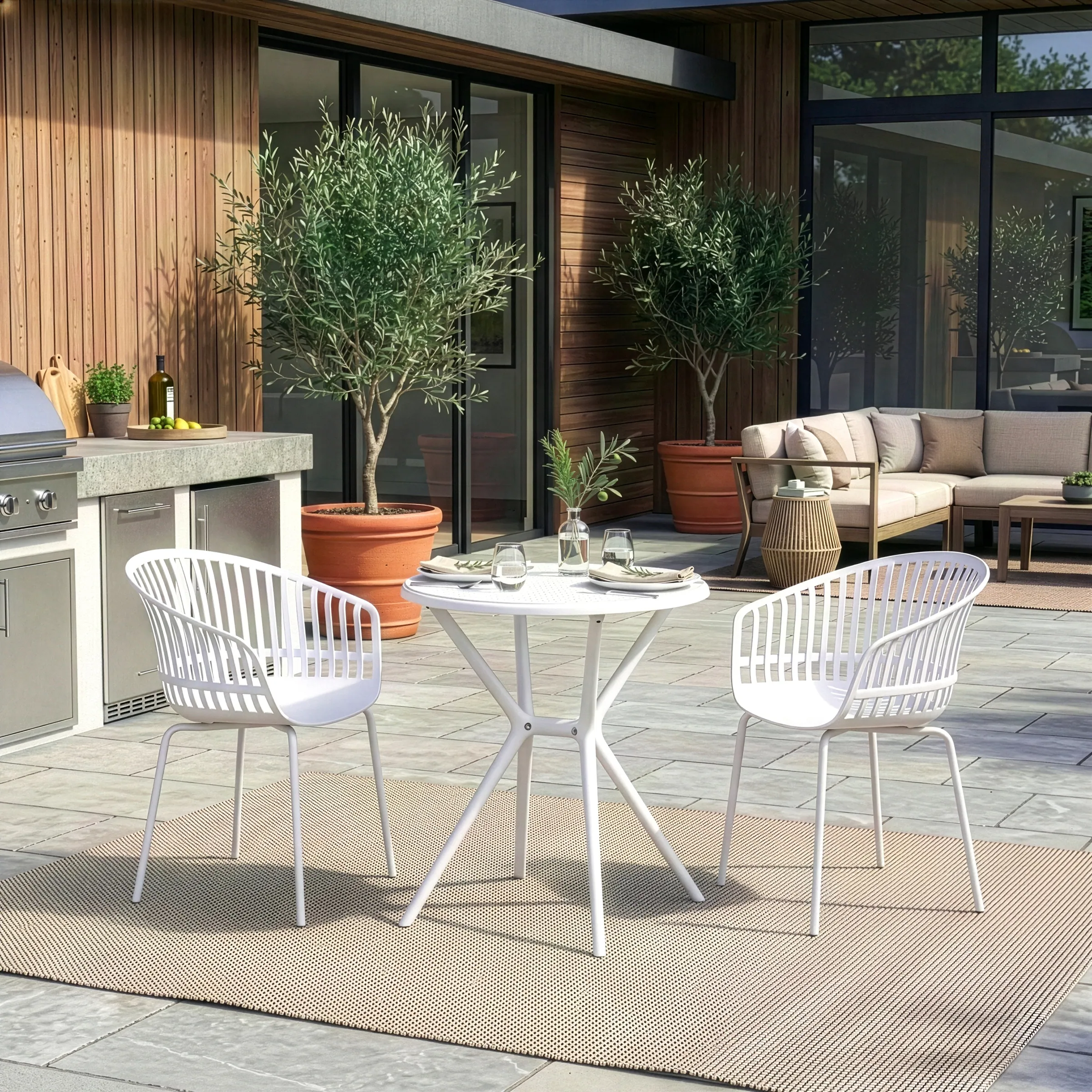 White Modern Outdoor Bistro Dining Set Round Table Two Ergonomic Chairs