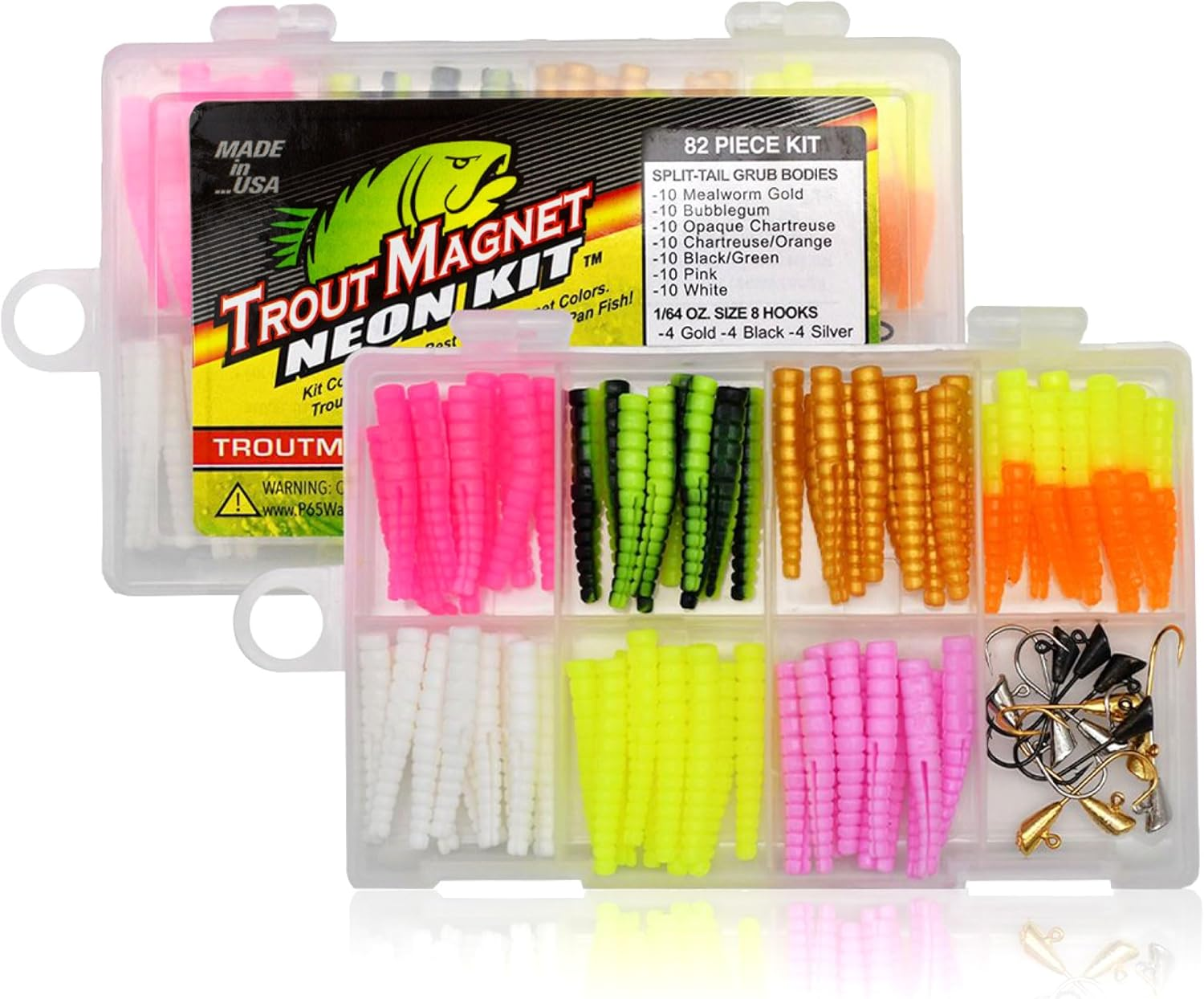 82 Piece Neon Fishing Kit, Catches All Types of Fish, Includes 70 Grub Bodies and 12 Size 8 Hooks, Orange,Green,White,Silver