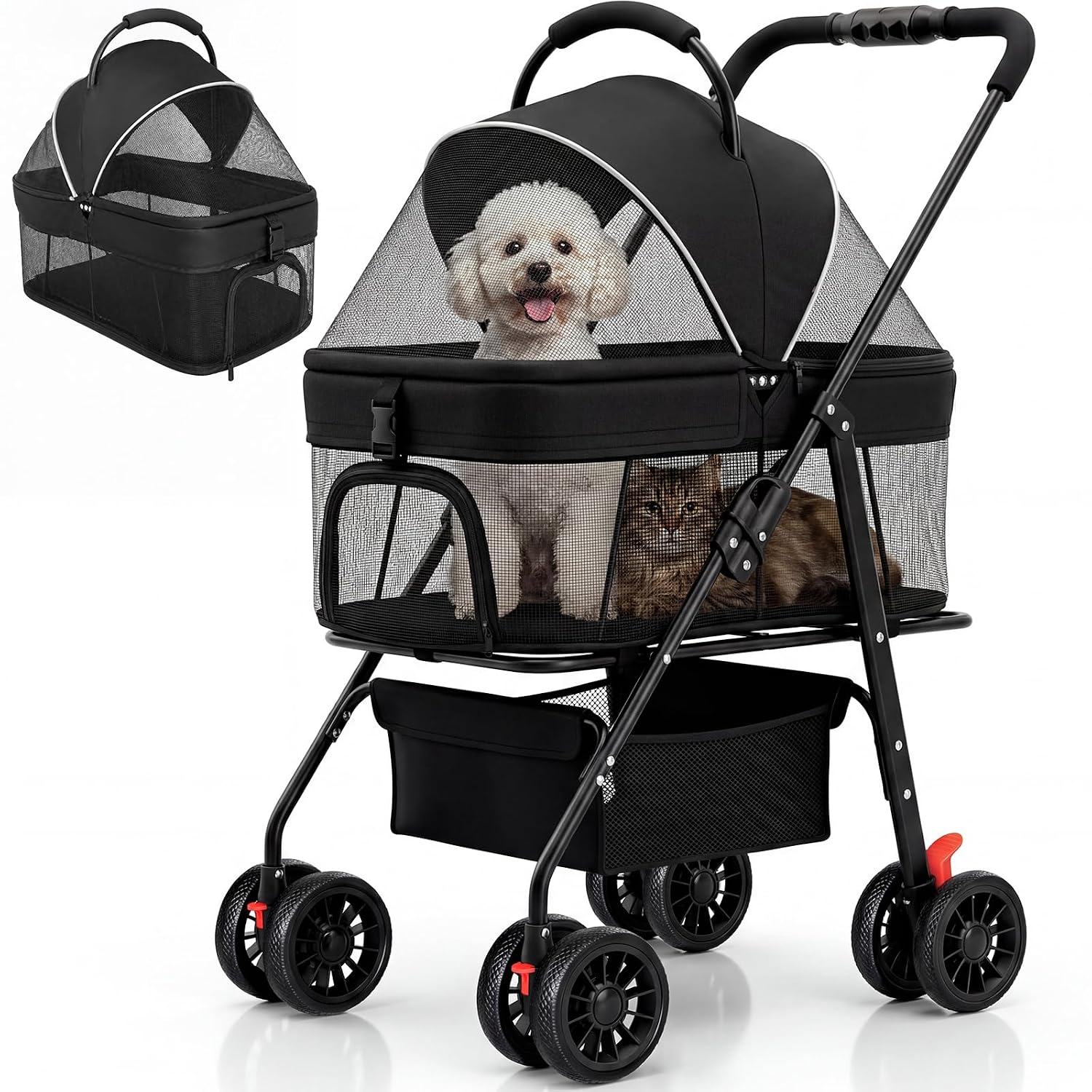 Dog Stroller for Small Dogs, Panoramic Mesh Foldable Pet Stroller up to 35 Lb, Pet Cat Stroller with Detachable Carrier, Safety Tether, Puppy Doggie Stroller for Medium Dogs 20 Lbs Dark Black