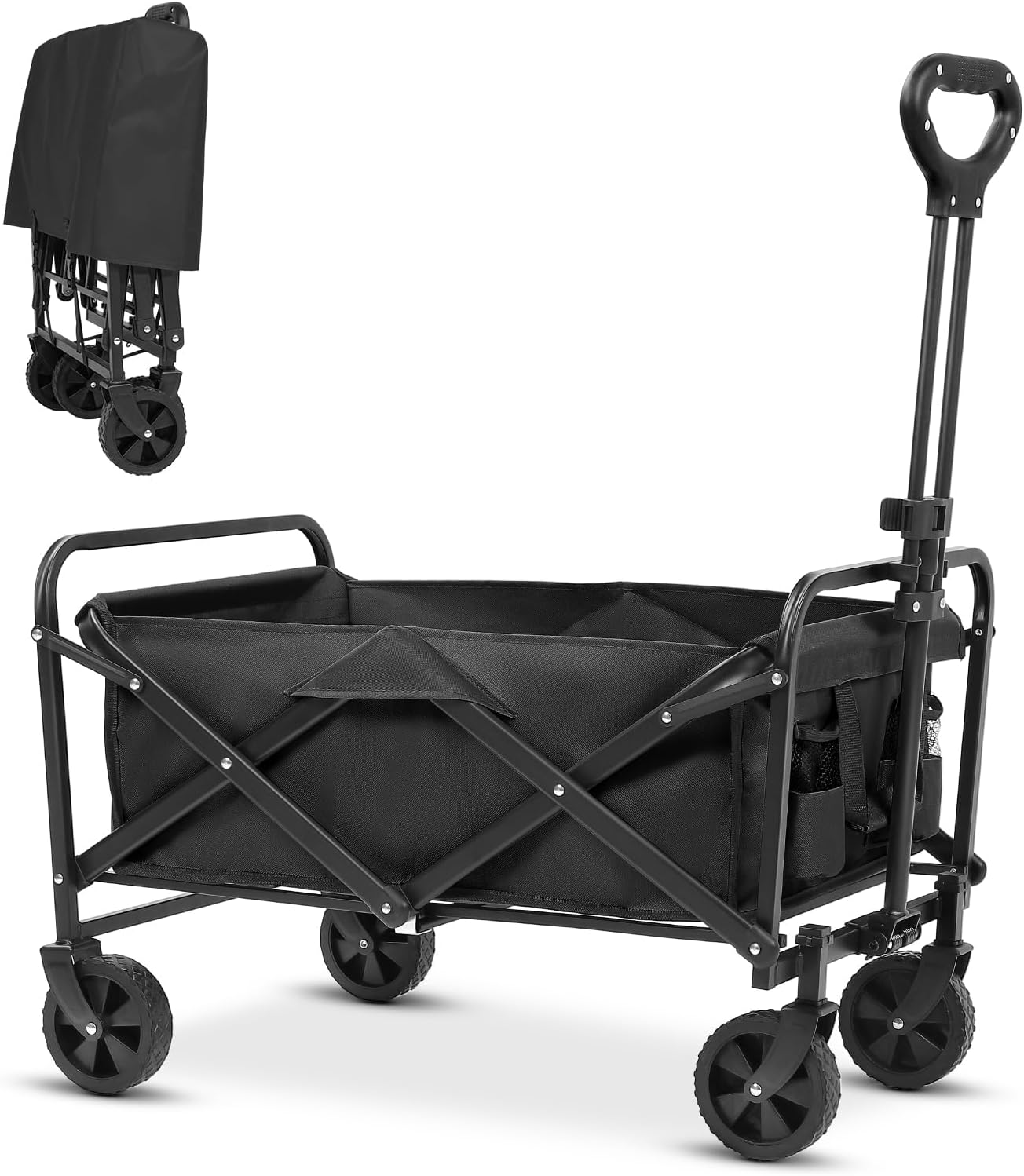 Foldable Wagon with Wheels,  Portable Heavy Duty Collapsible Beach Cart, Large Capacity Utility Wagon for Shopping, Sports, Camping, Garden, Grocery (Black)