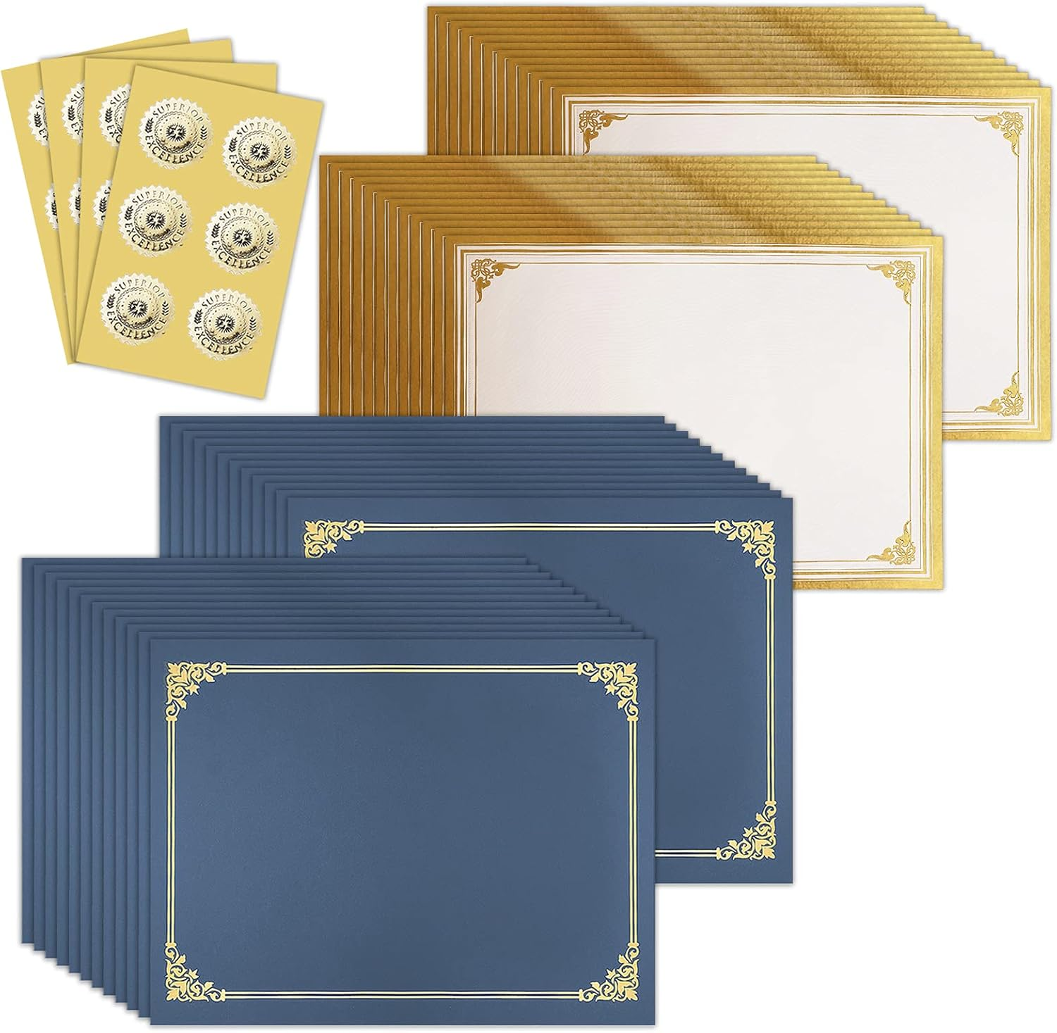 75Pcs Certificate Kit, 25Pcs Navy Blue Certificate Holders & 25Pcs Letter Size Certificate Papers & 25Pcs Gold Foil Award Seals for Diploma, Award, Accomplishment