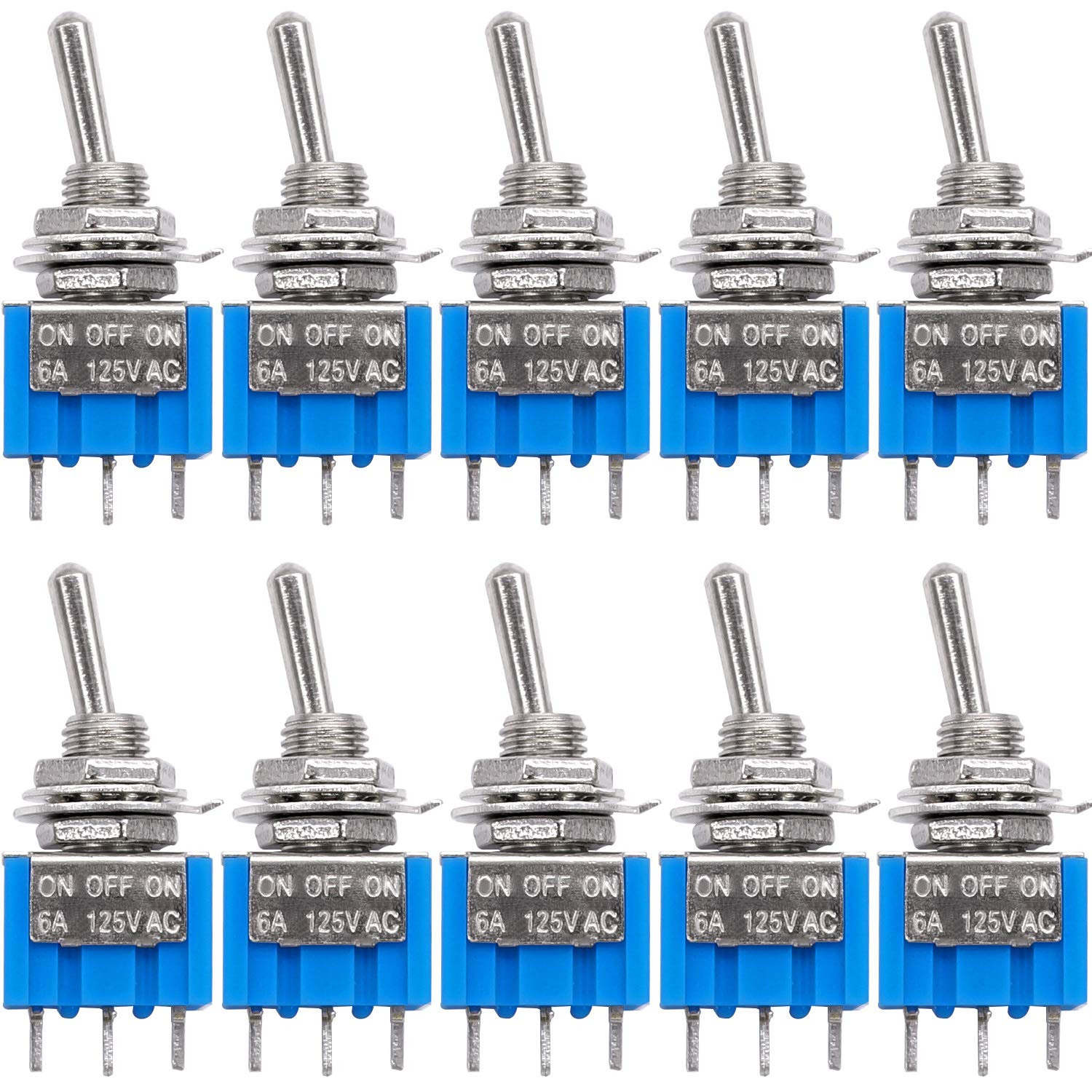 10 Pcs SPDT Mini Toggle Switch 3 Pin 3 Position On/Off/On AC 125V 6A MTS-103