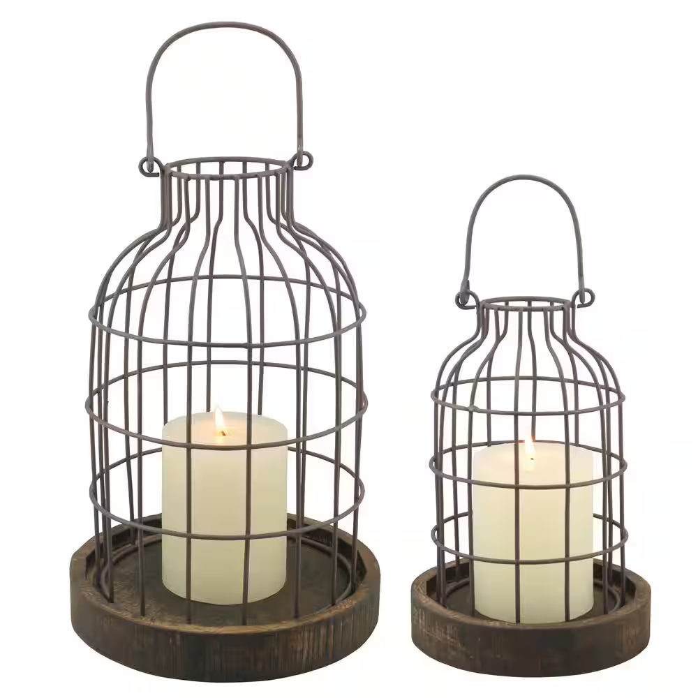 11.5 In. Brown Weathered Metal Lantern with Wood Base (Set of 2)