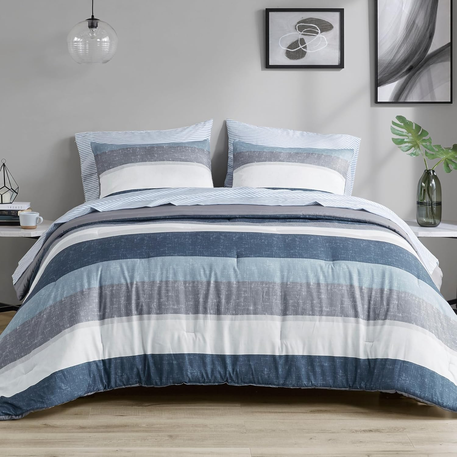 Essentials Jaxon Bed in a Bag Comforter Set with Sheet, Printed Stripe Design, Modern All Season Bedding and Matching Sham, Queen Blue/Grey 7 Piece