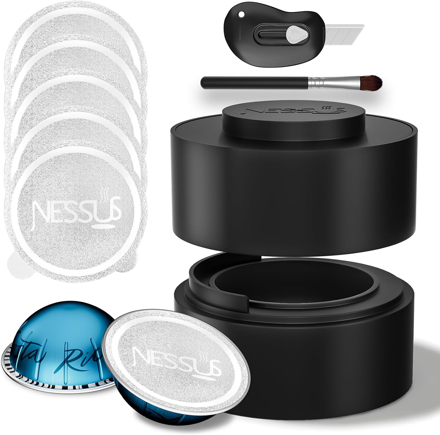Reusable Pods Kit for Nespresso Vertuo, Refillable Vertuo Coffee Pods Espresso Accessories with 100 Pcs Foil Seals Lids, Holder and Brush for Nespresso Vertuo plus Next Capsule Machine
