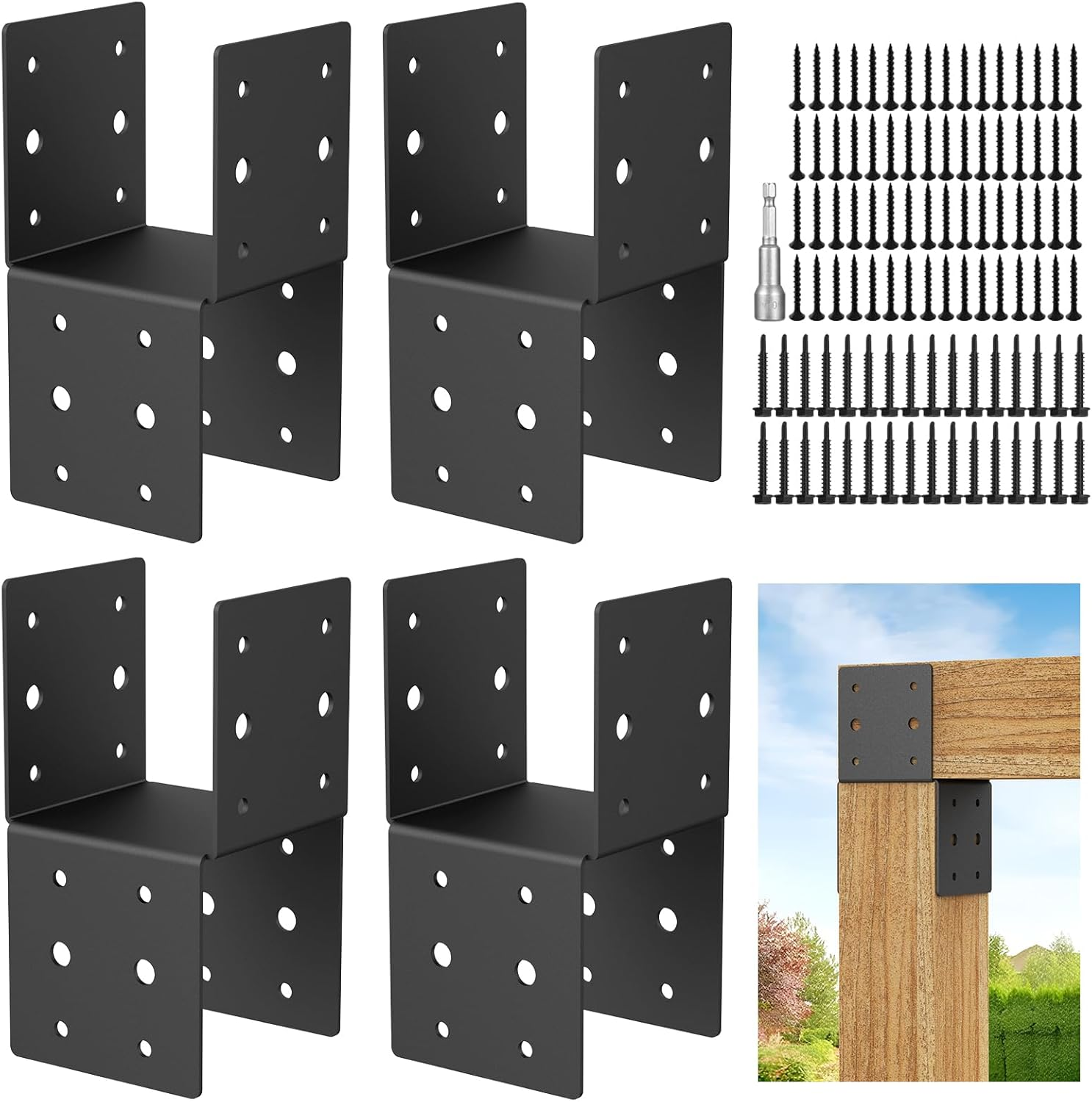 4Pcs Heavy-Duty Post Brackets Kit - 4X4 Wood Deck Mounting, 14-Gauge Steel Base & Anchor Connectors with Screws, Secure Brackets for Wood Posts to Decks (4Pcs Caps Tie Bracket)