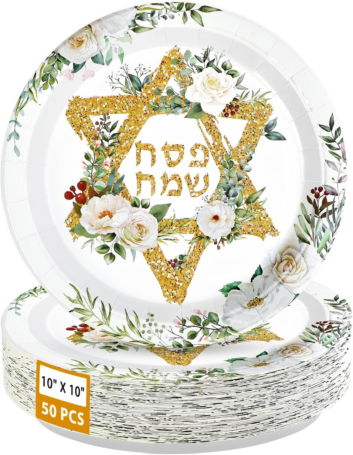 50Pcs Passover Paper Plates 10 Inch Large Heavy Duty Disposable Green Flower Jewish Pesach Seder Dessert Plates Star of David Dinner Platters for Jewish Passover Spring Seasonal Holiday Party Decor